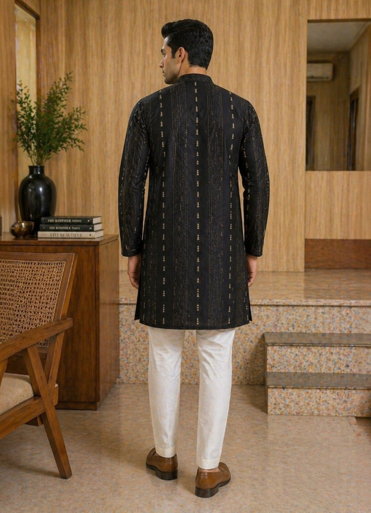 Tattva Men Black Embroidered Cotton Silk Kurta with Pyjamas