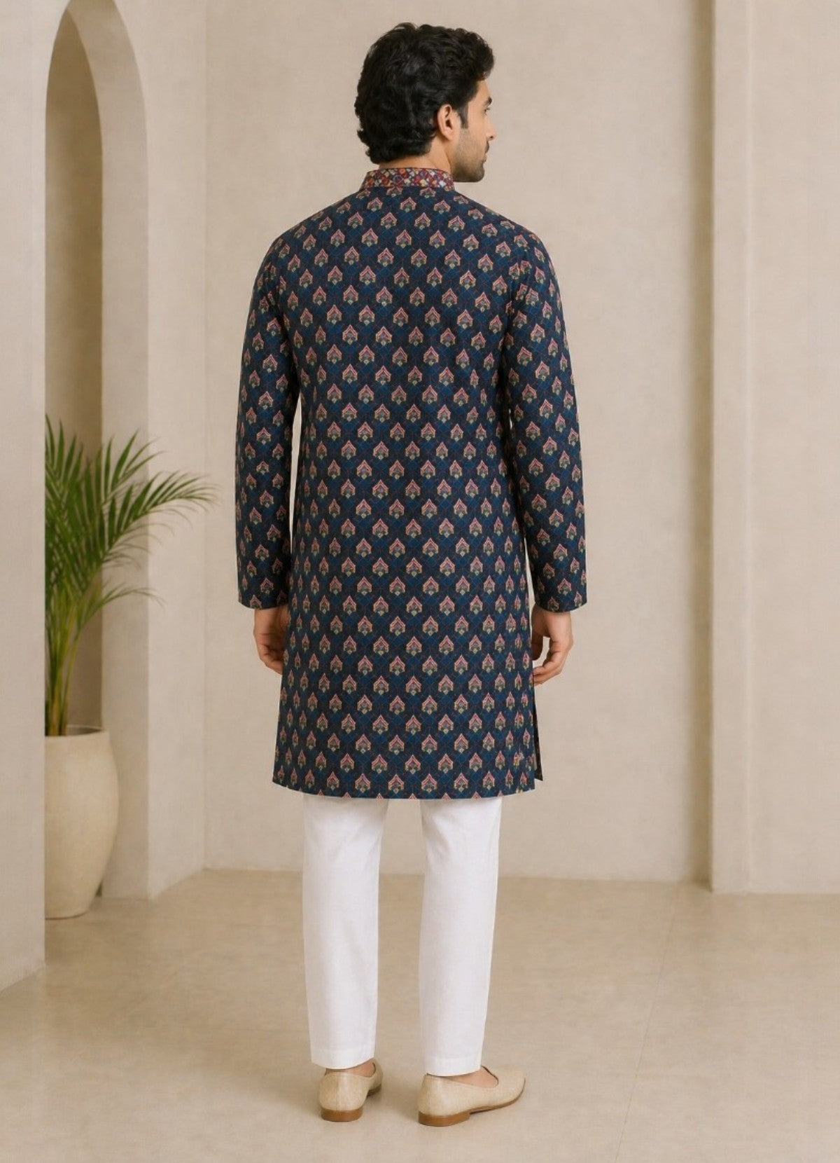 Tattva Men Navy Blue Geometric Design Sequined Jacquard Kurta with Pyjamas