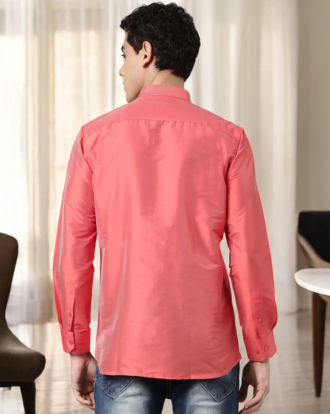 Peach Color Art Silk Slim Fit Solid Party Shirt