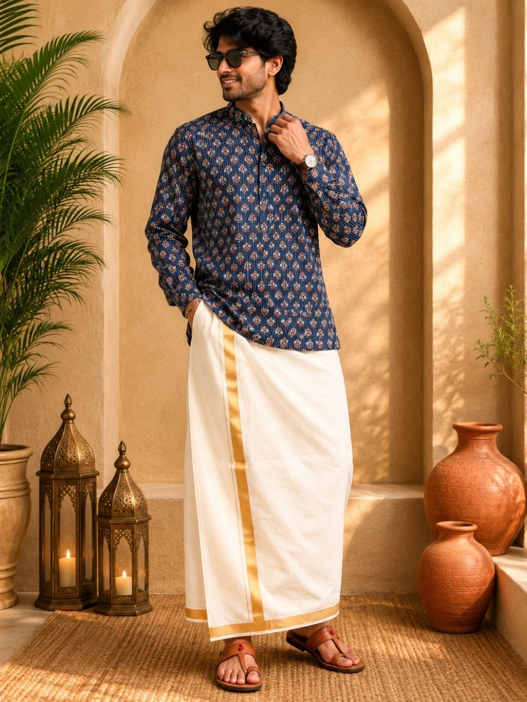 Tattva Men Floral Printed Woven Thread Super Short Kurta