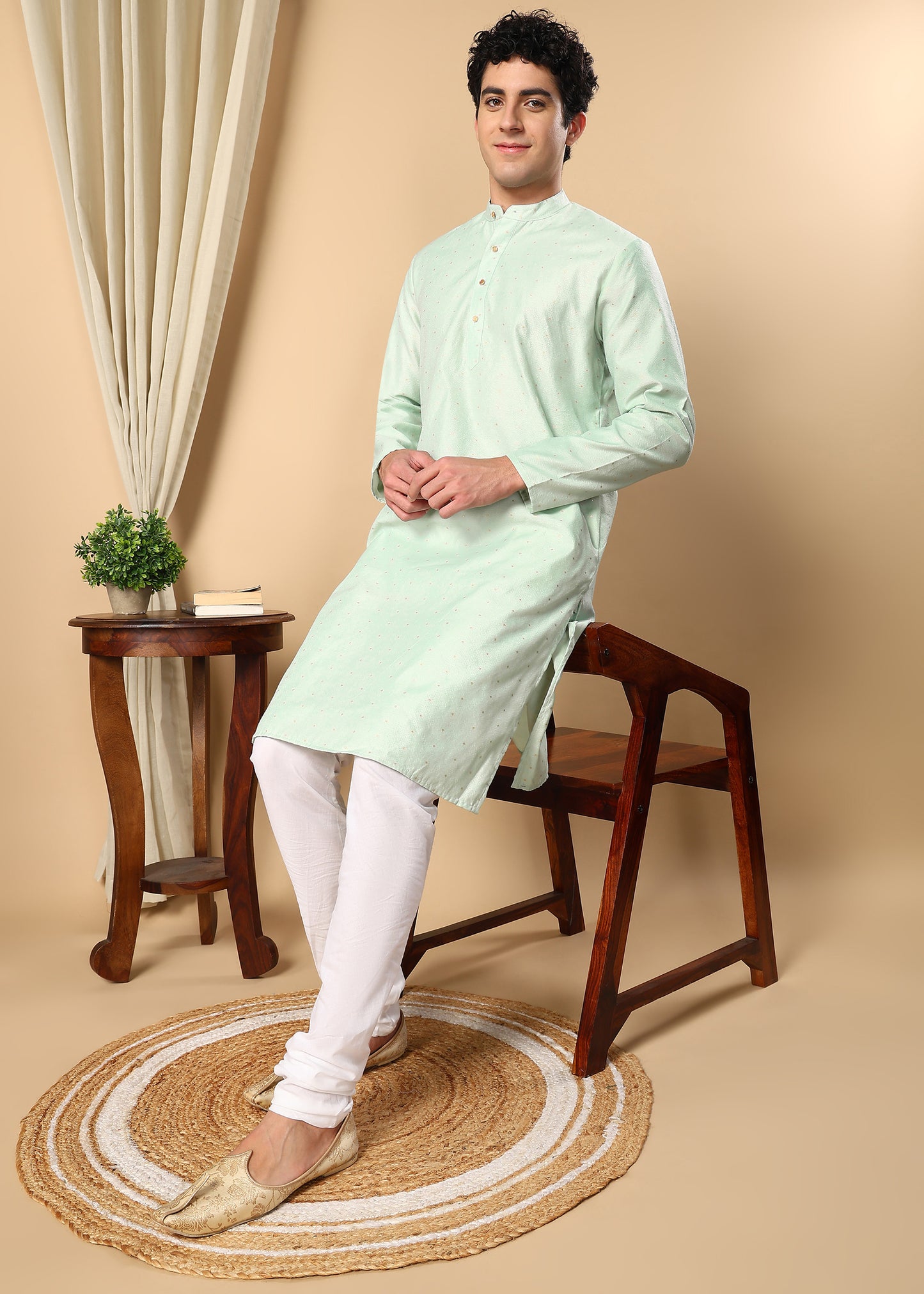 Tattva Woven Design Band Collar Embellished Straight Kurta