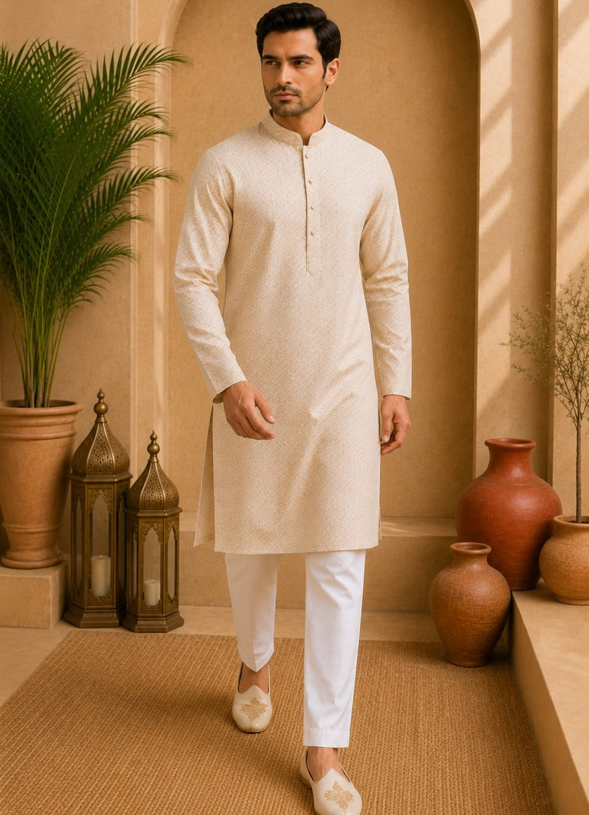 Tattva Men Beige Floral Woven Design Kurta Pyjama