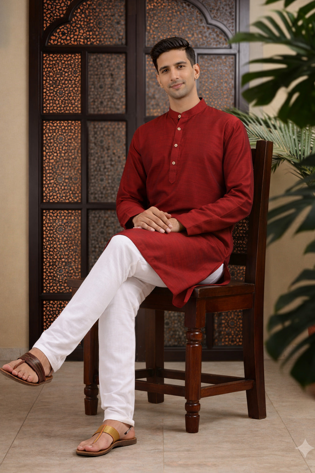 Tattva Men Solid Pure Cotton Short Kurta with Mandarin Collar