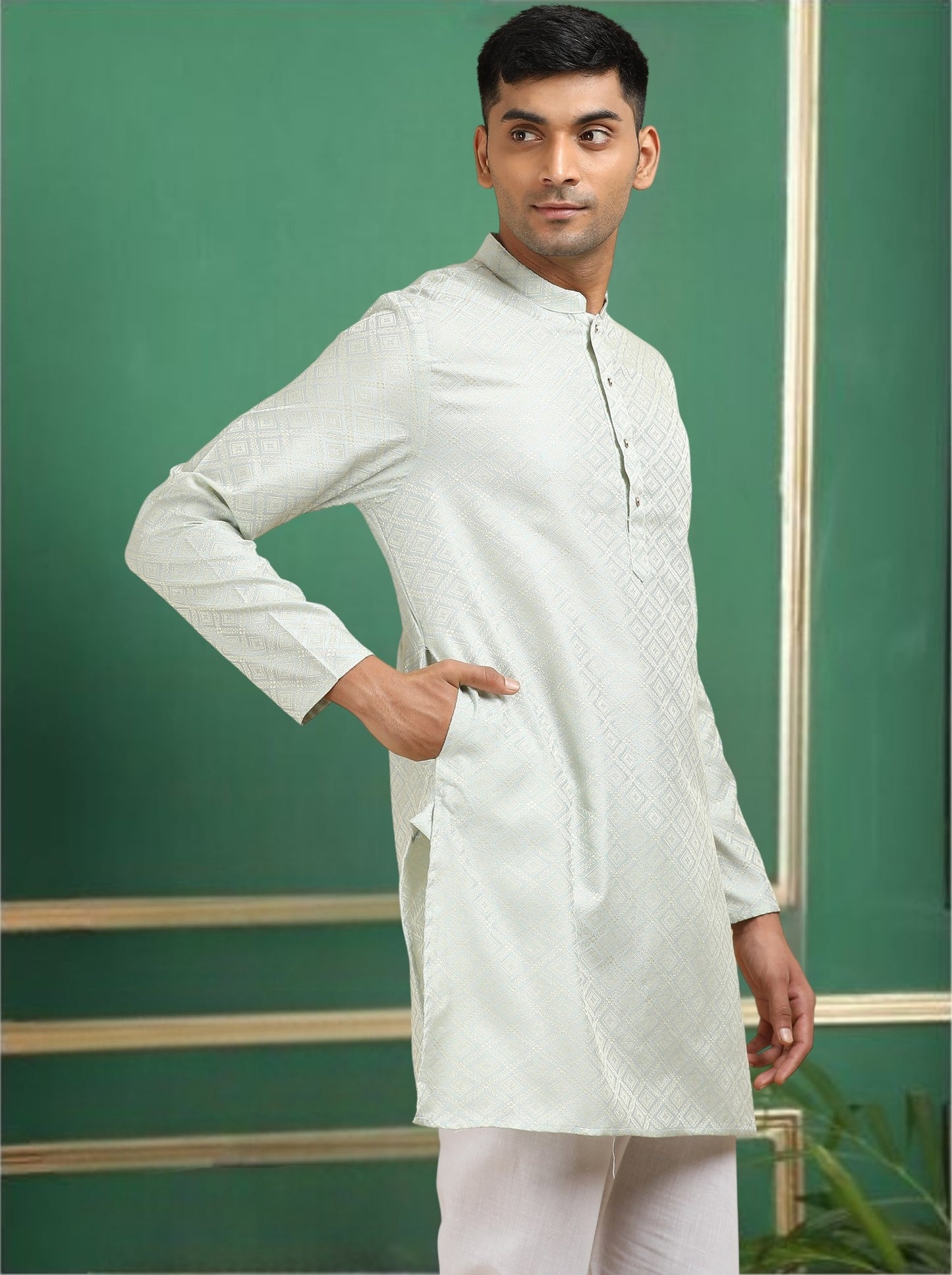 Tattva Silver Toned Jacquard Short Kurta