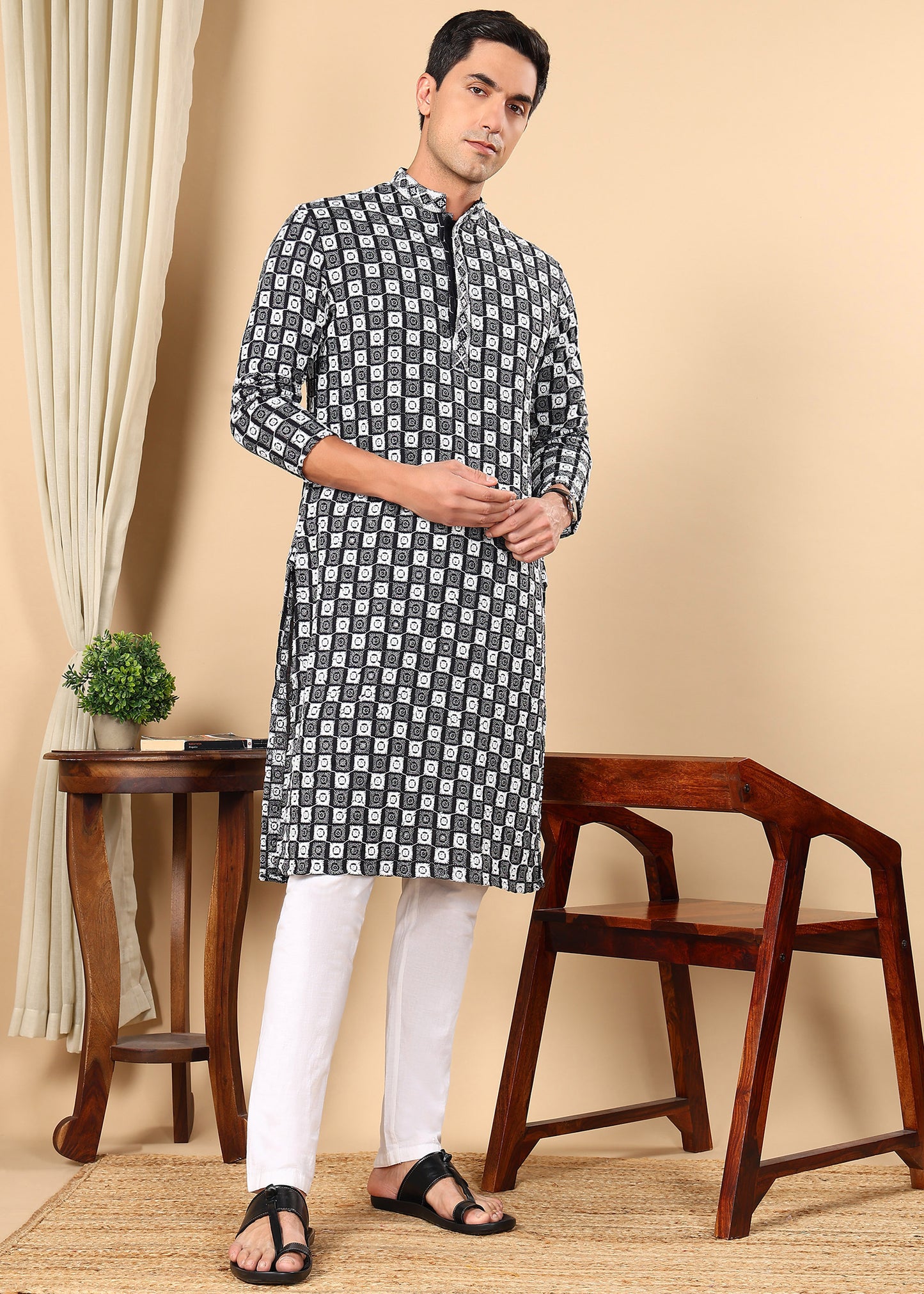 Tattva Men Woven Design Polyester Straight Kurta Set