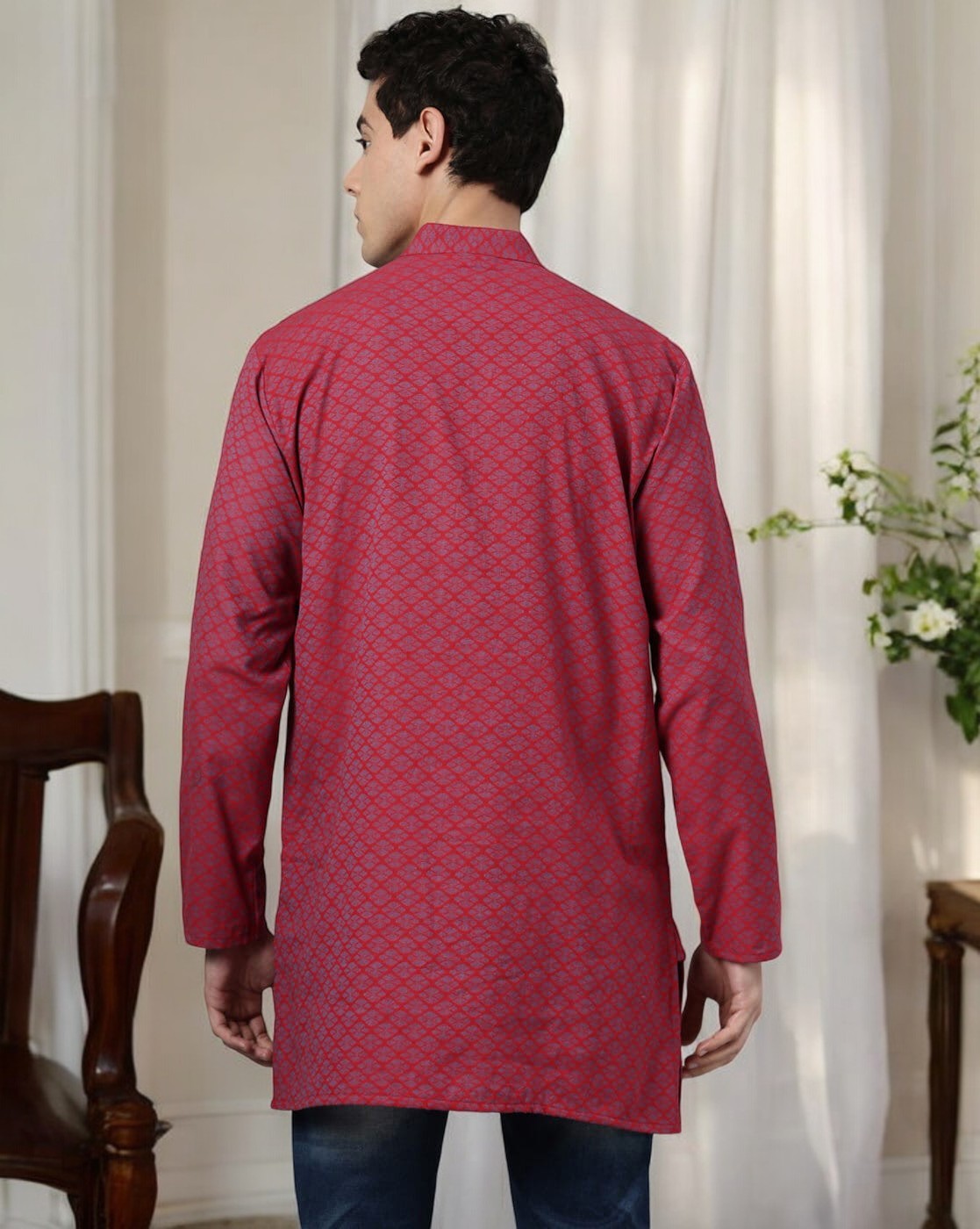 Tattva Men Red Geometric Print Cotton Blend Straight Kurta