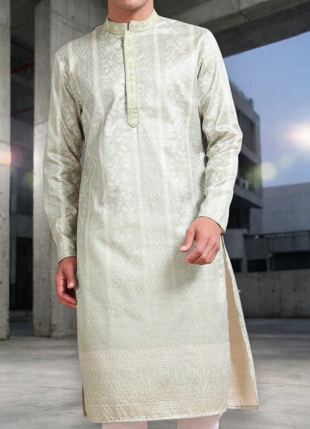 Tattva Woven Diamond Motif Sage Green Festive Kurta Set
