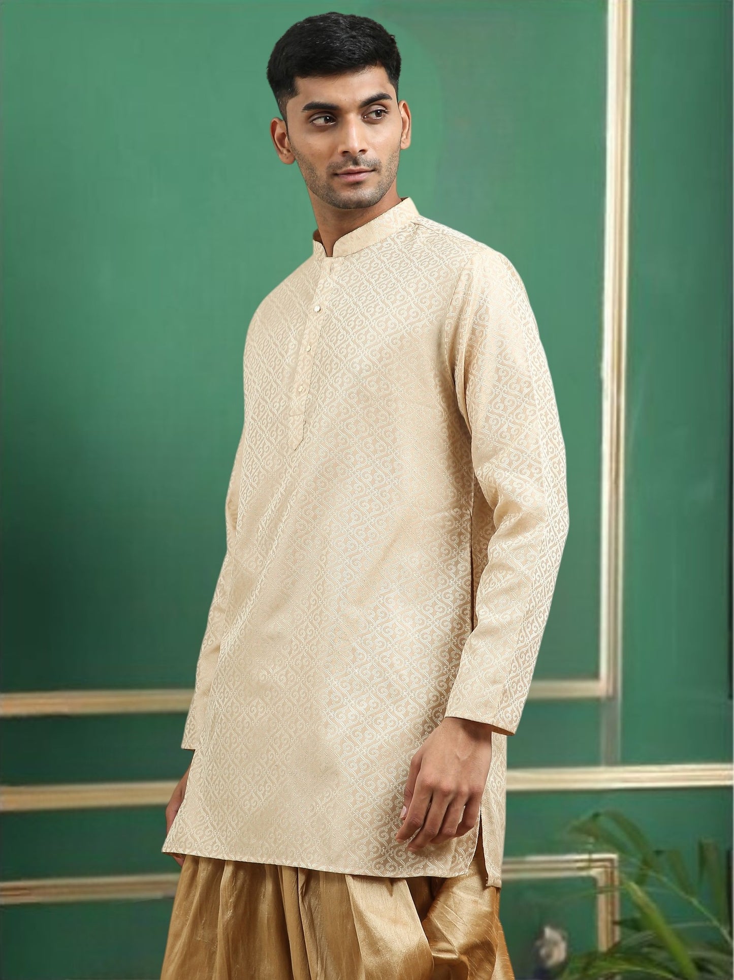 Tattva Gold Toned jaquard Polyster Short Kurta