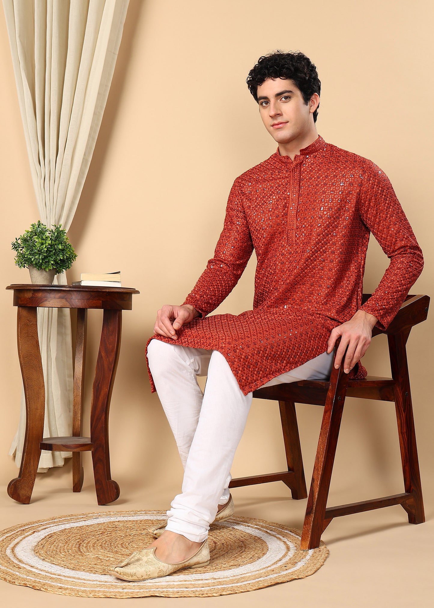 Tattva Embroidered Thread Work Mandarin Collar Straight Kurta