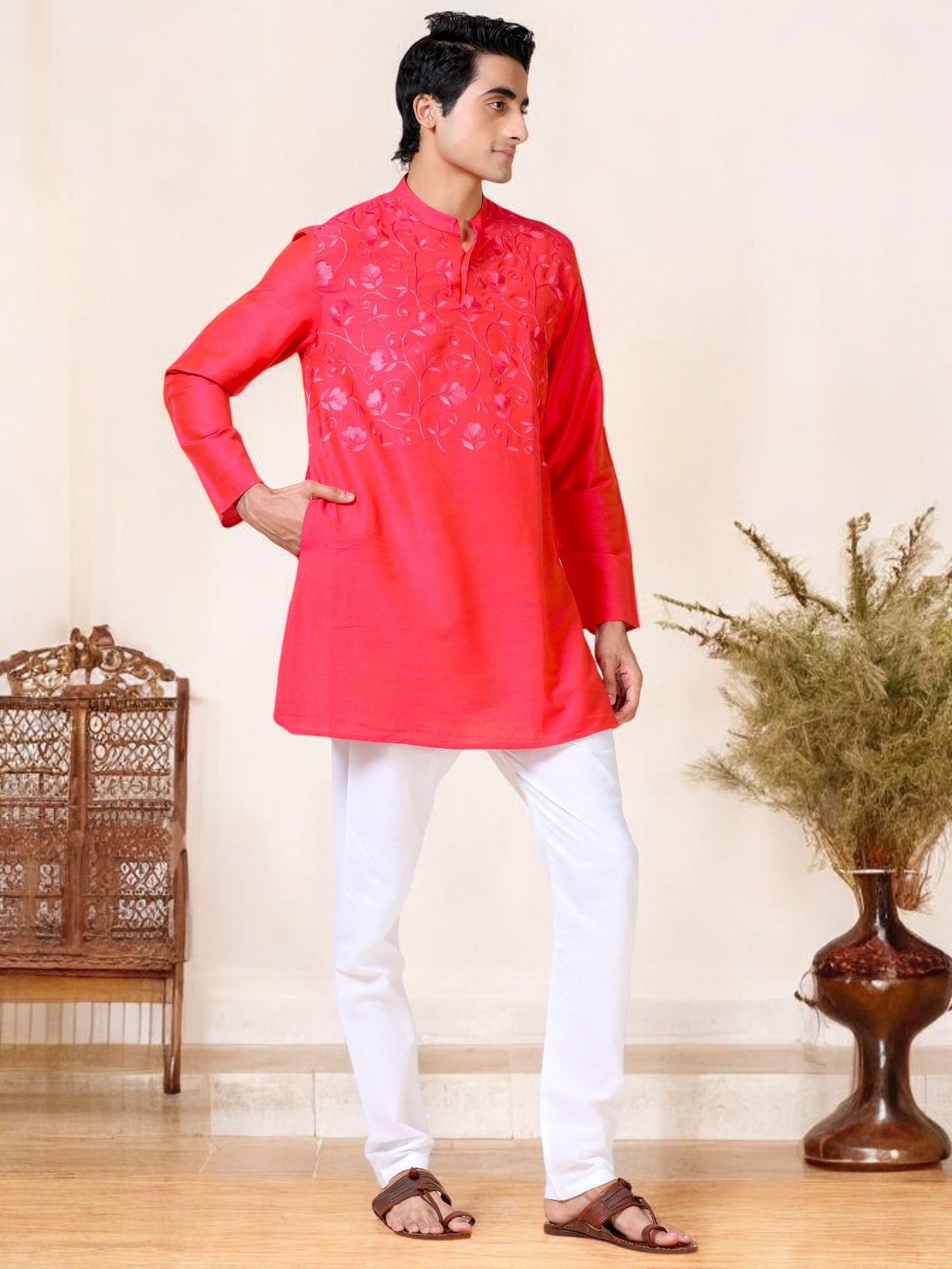 Tattva Men Embroidered Cotton Blend Asymmetric Kurta