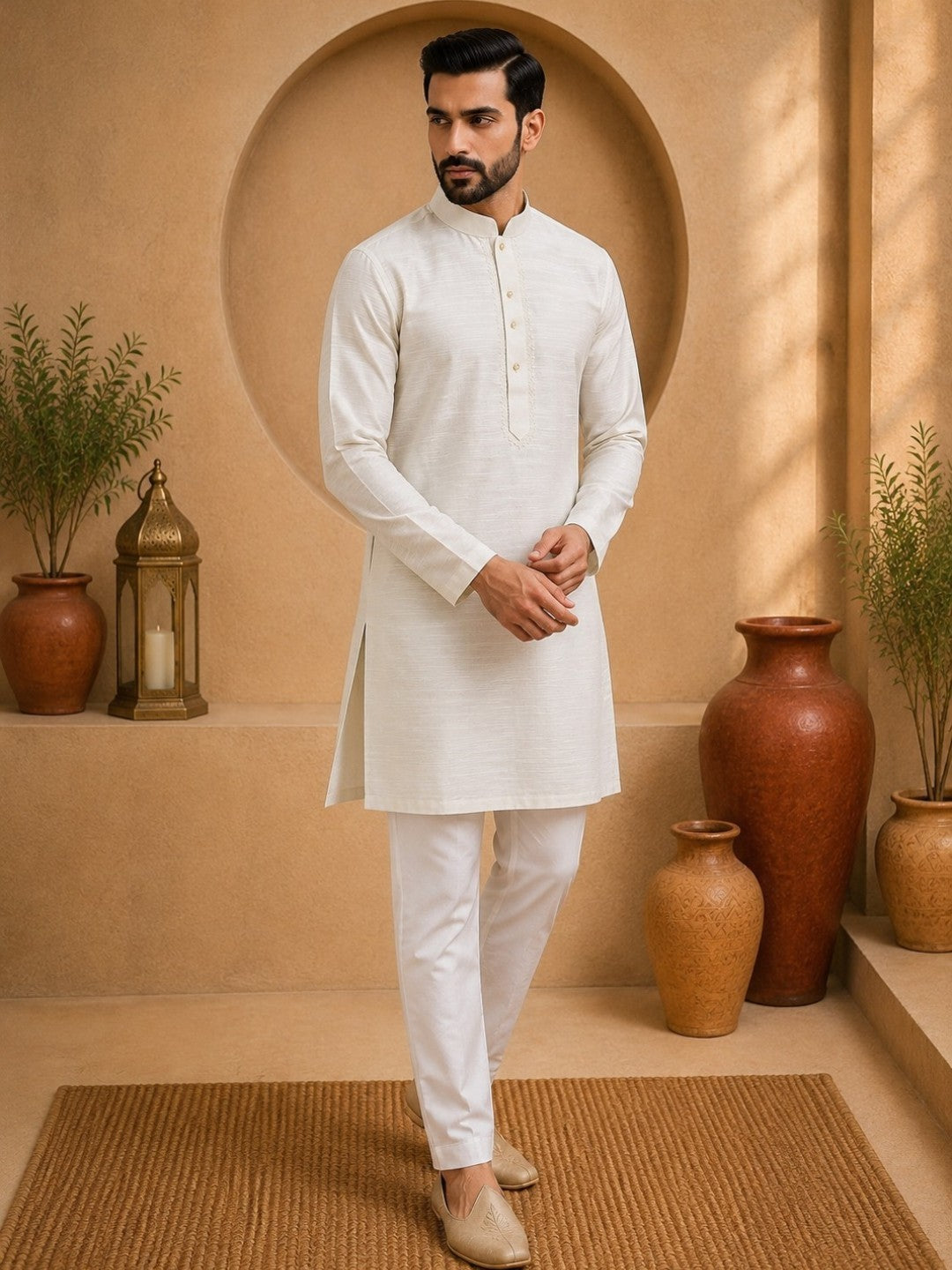 Tattva Men White Colored Embroidered Short Kurta