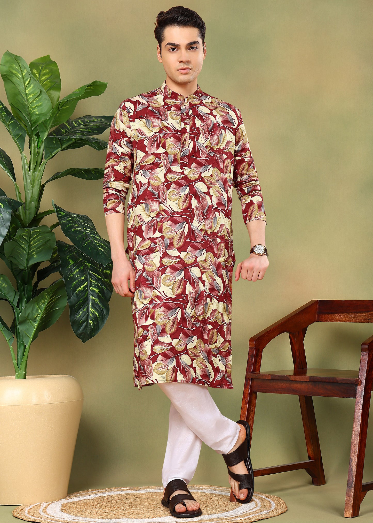 Tattva Men Floral Printed Cotton Kurta Set