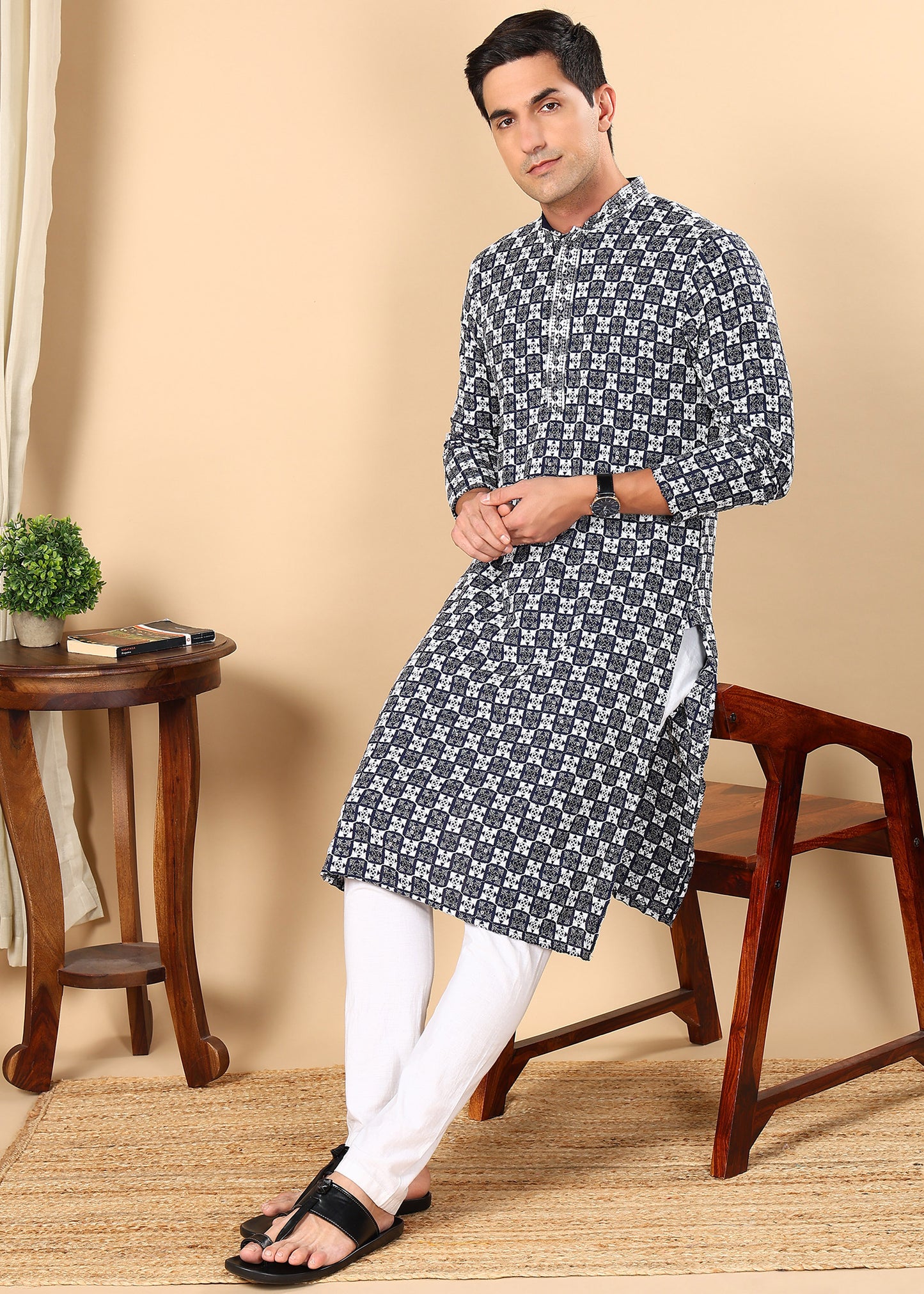 Tattva Men Woven Design Polyester Straight Kurta Set