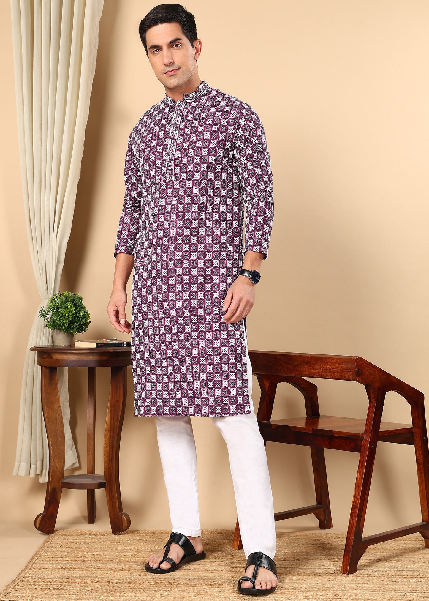 Tattva Men Woven Design Polyester Straight Kurta Set