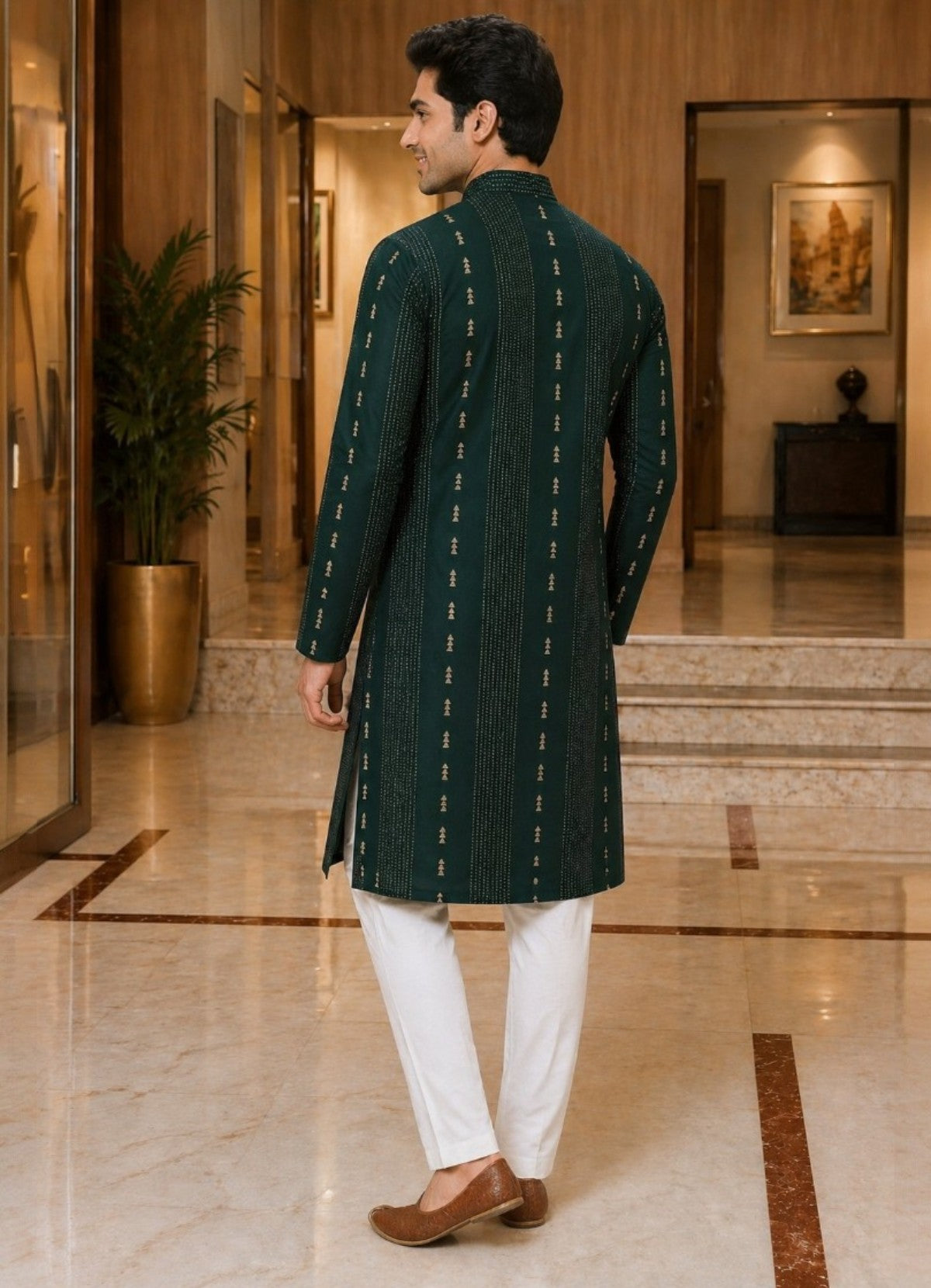 Tattva Men Dark Green Embroidered Cotton Silk Kurta with Pyjamas