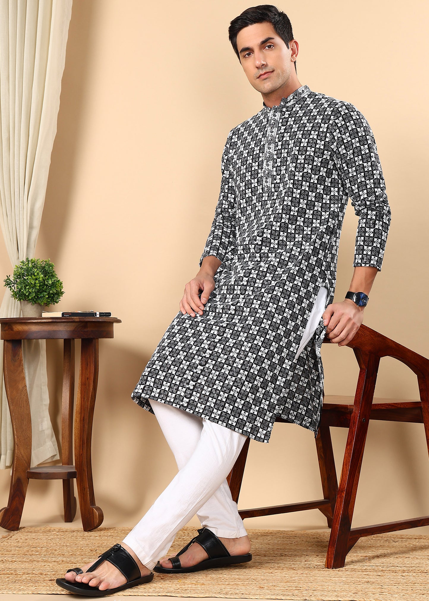 Tattva Men Woven Design Polyester Straight Kurta Set