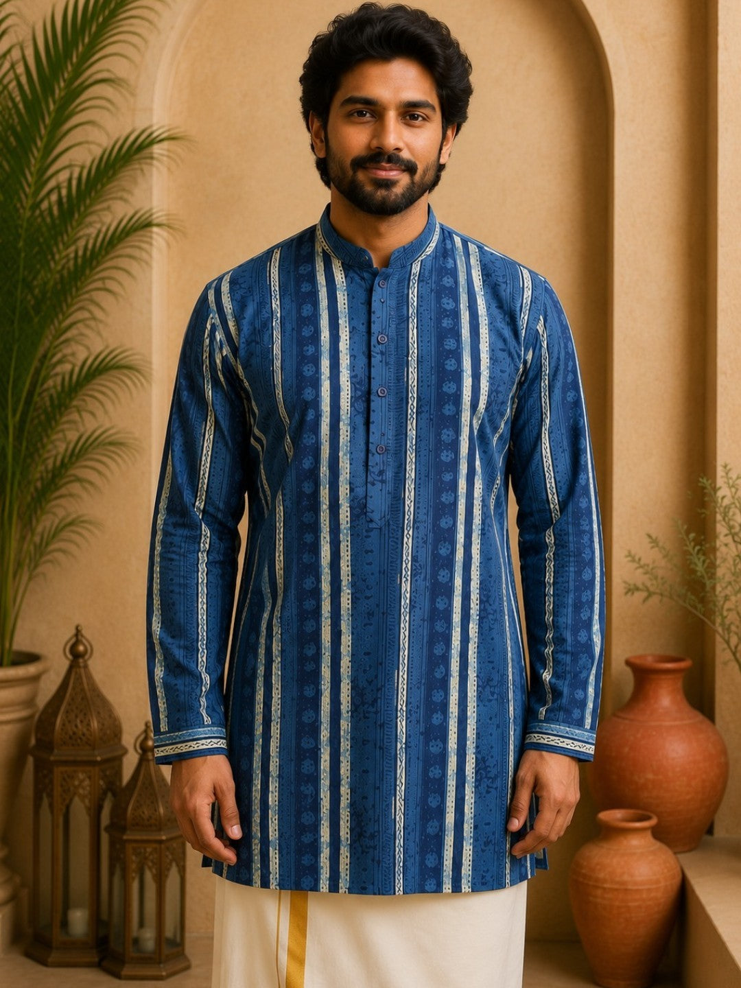Tattva Men Blue Stripes Printed Super Short Kurta