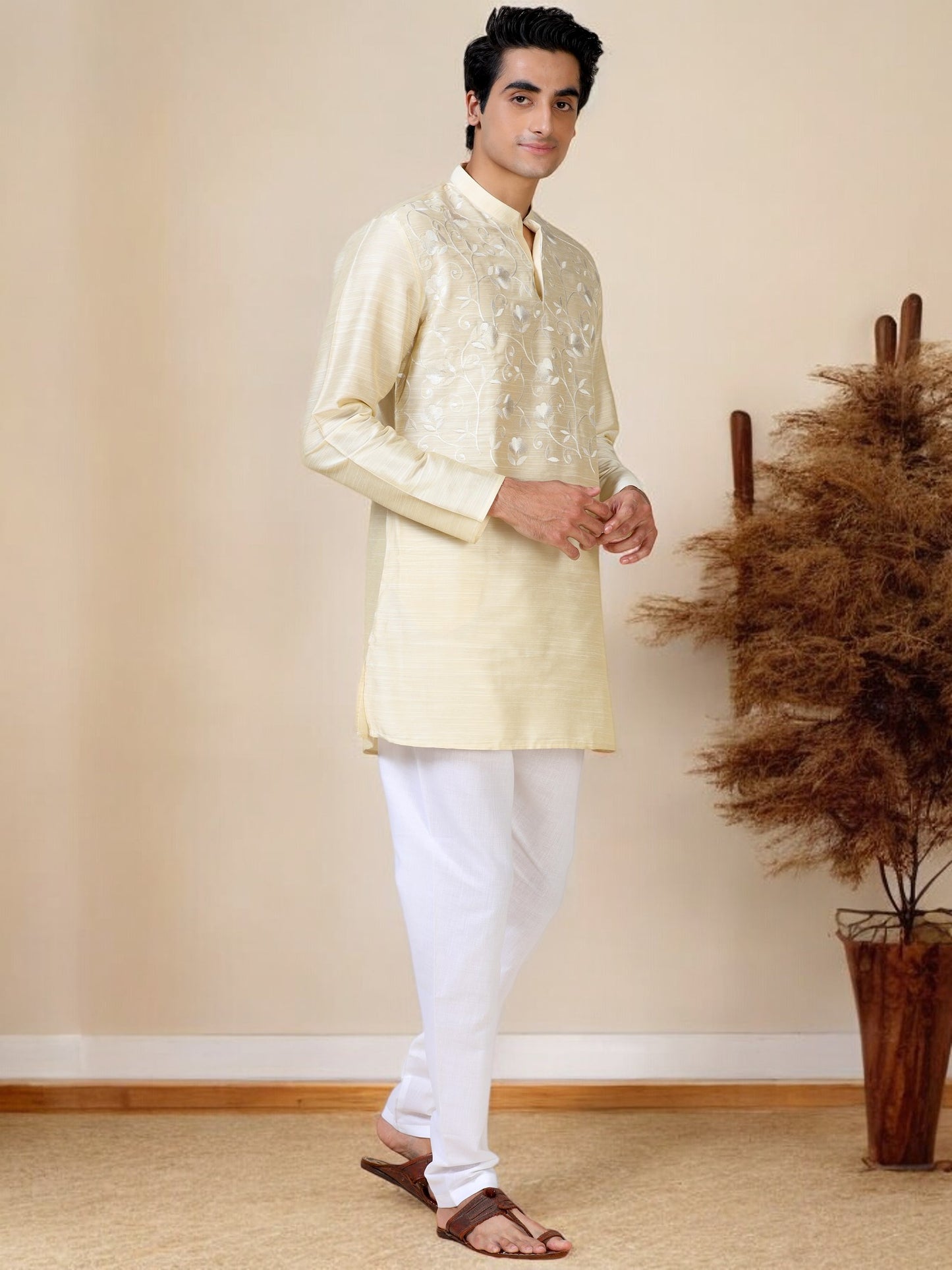 Tattva Men Embroidered Cotton Blend Asymmetric Kurta