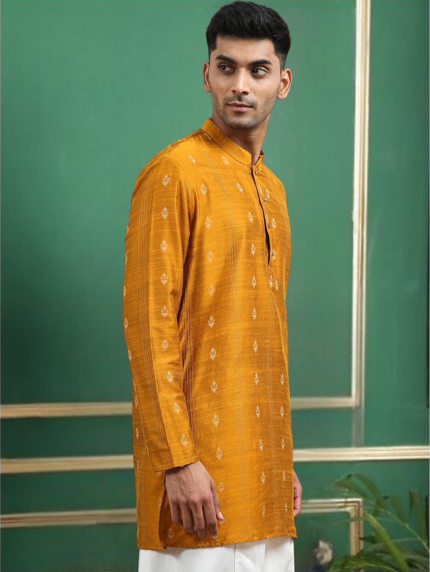 Tattva Yellow Toned Woven Design Cotton Short Kurta