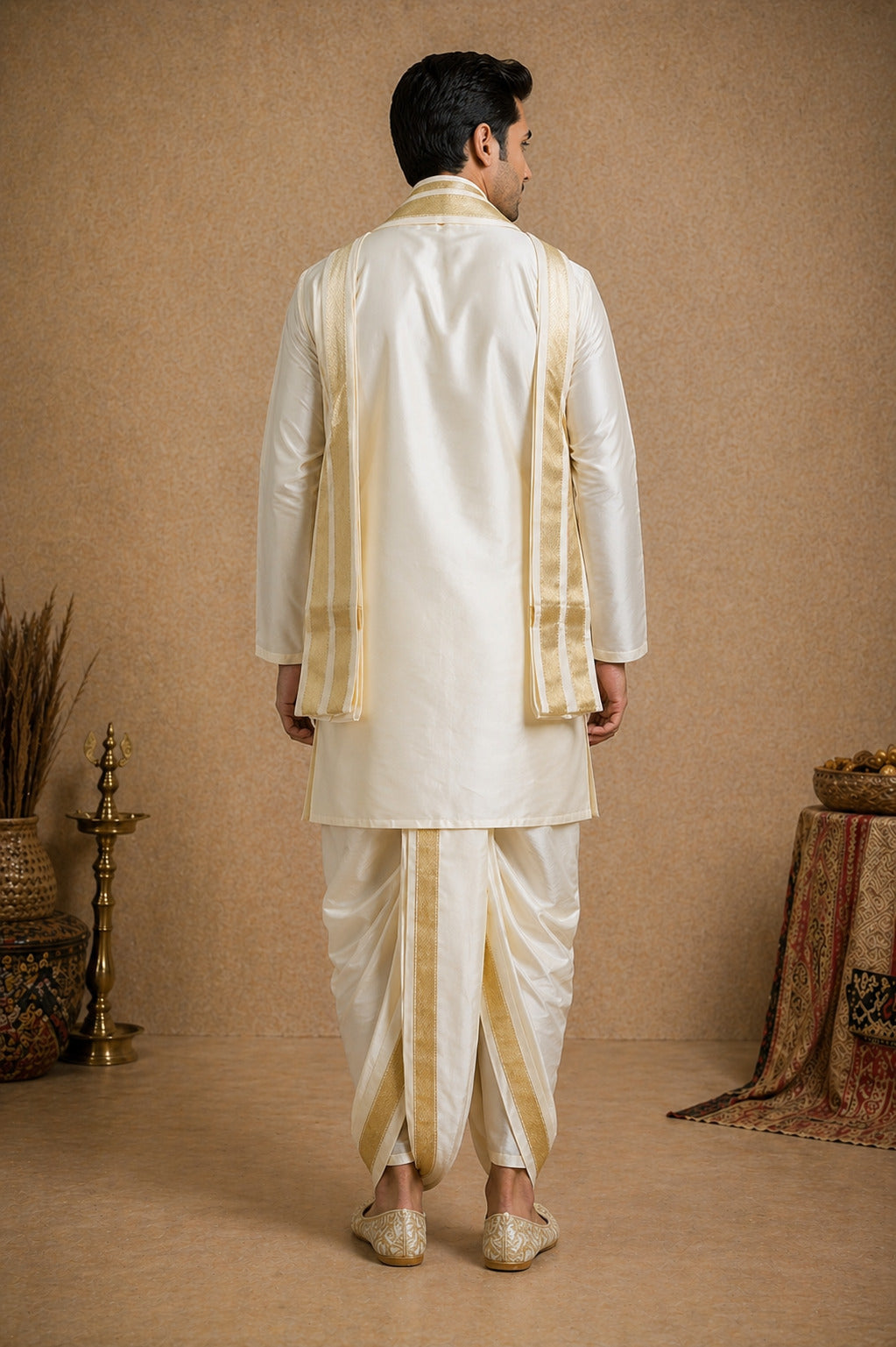 Tattva Men Cream Toned Art Silk Kurta Dhoti Set