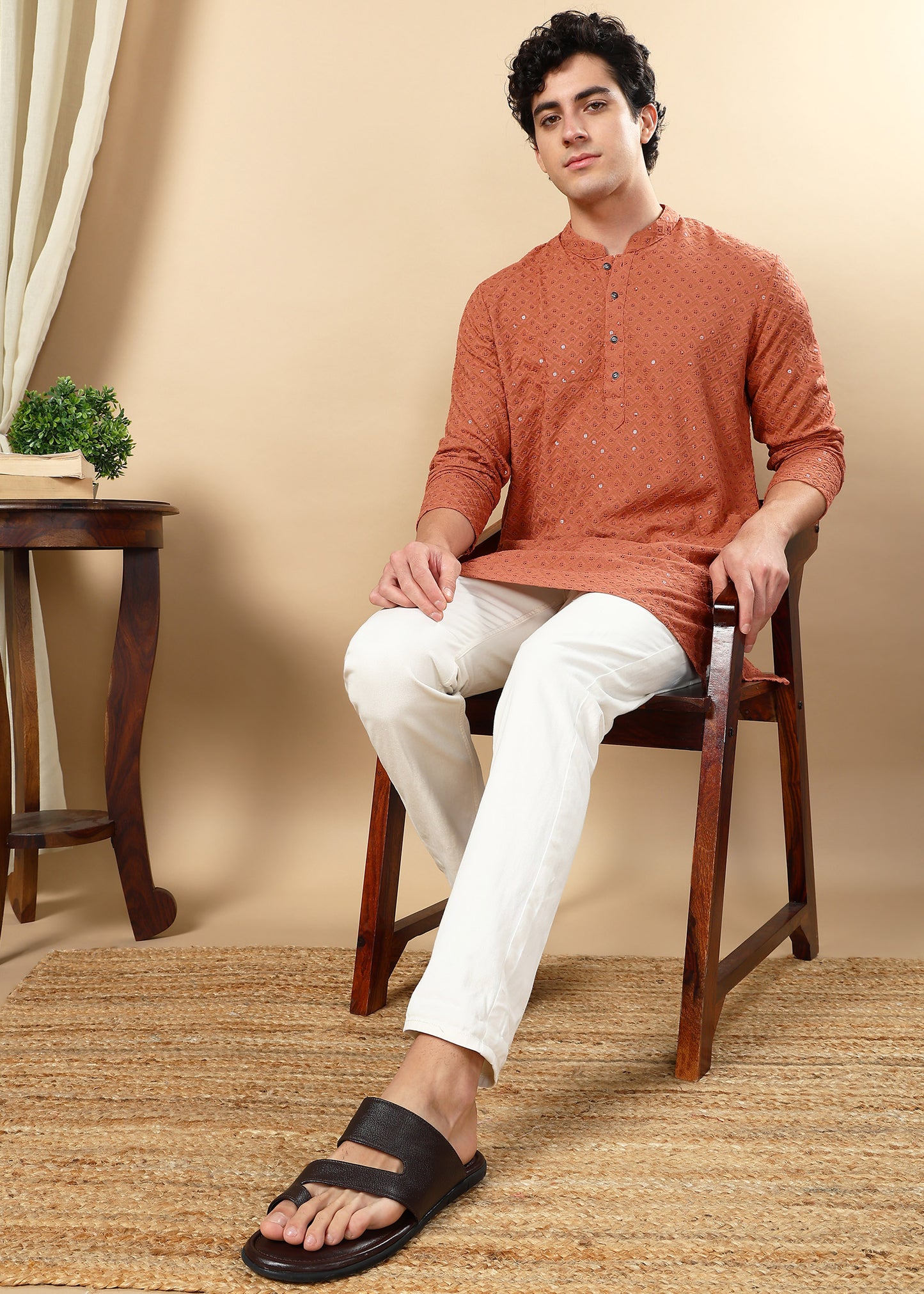 Tattva Rust Toned Embroidered Short Kurta