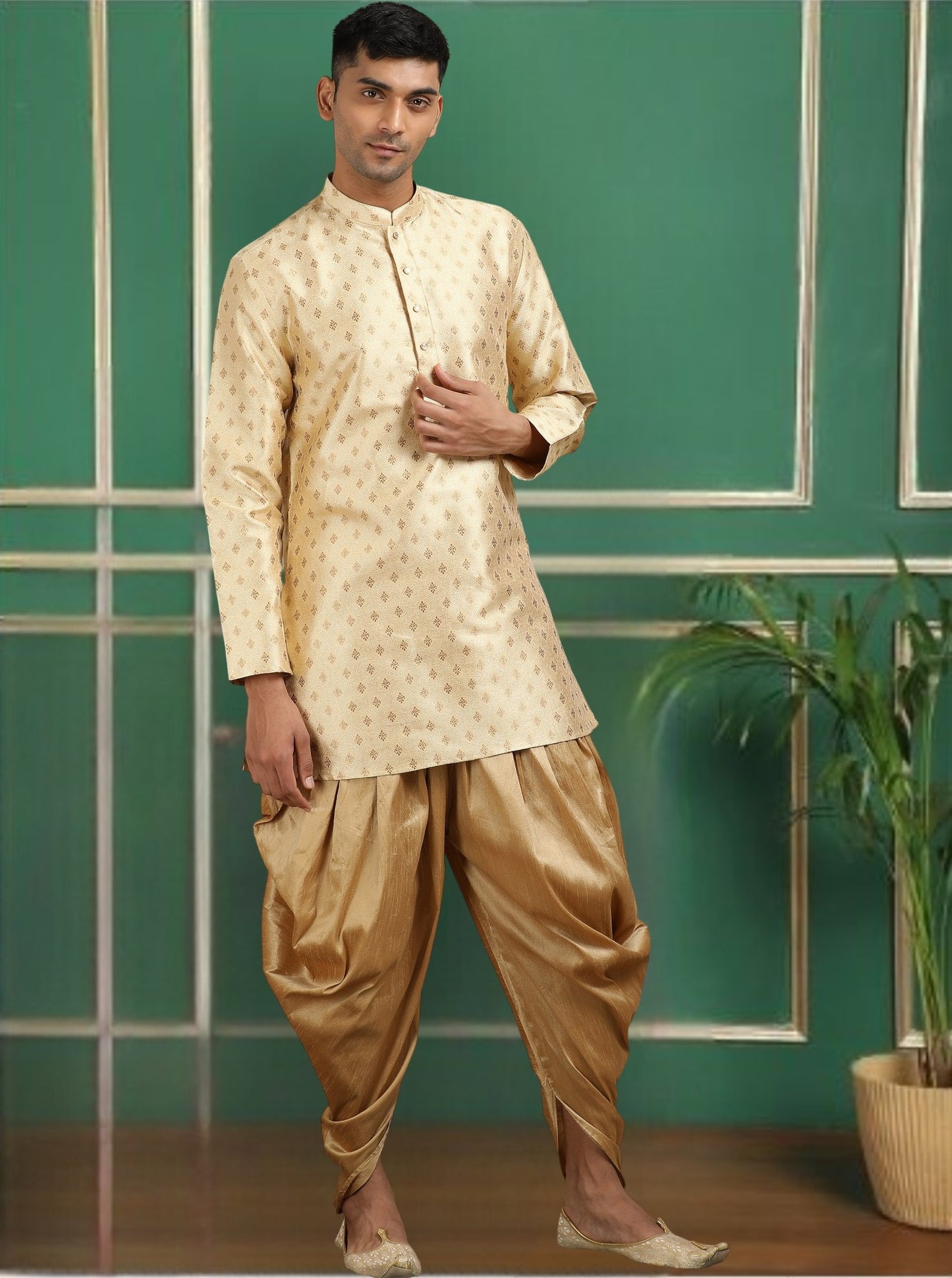 Tattva Beige Toned Jacquard Short Kurta