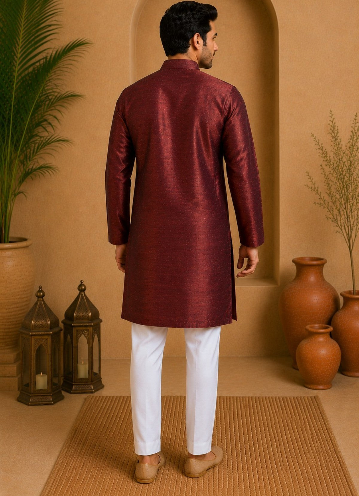 Tattva Rust Mandarin Collar Thread Work Pure Silk Straight Short Kurta