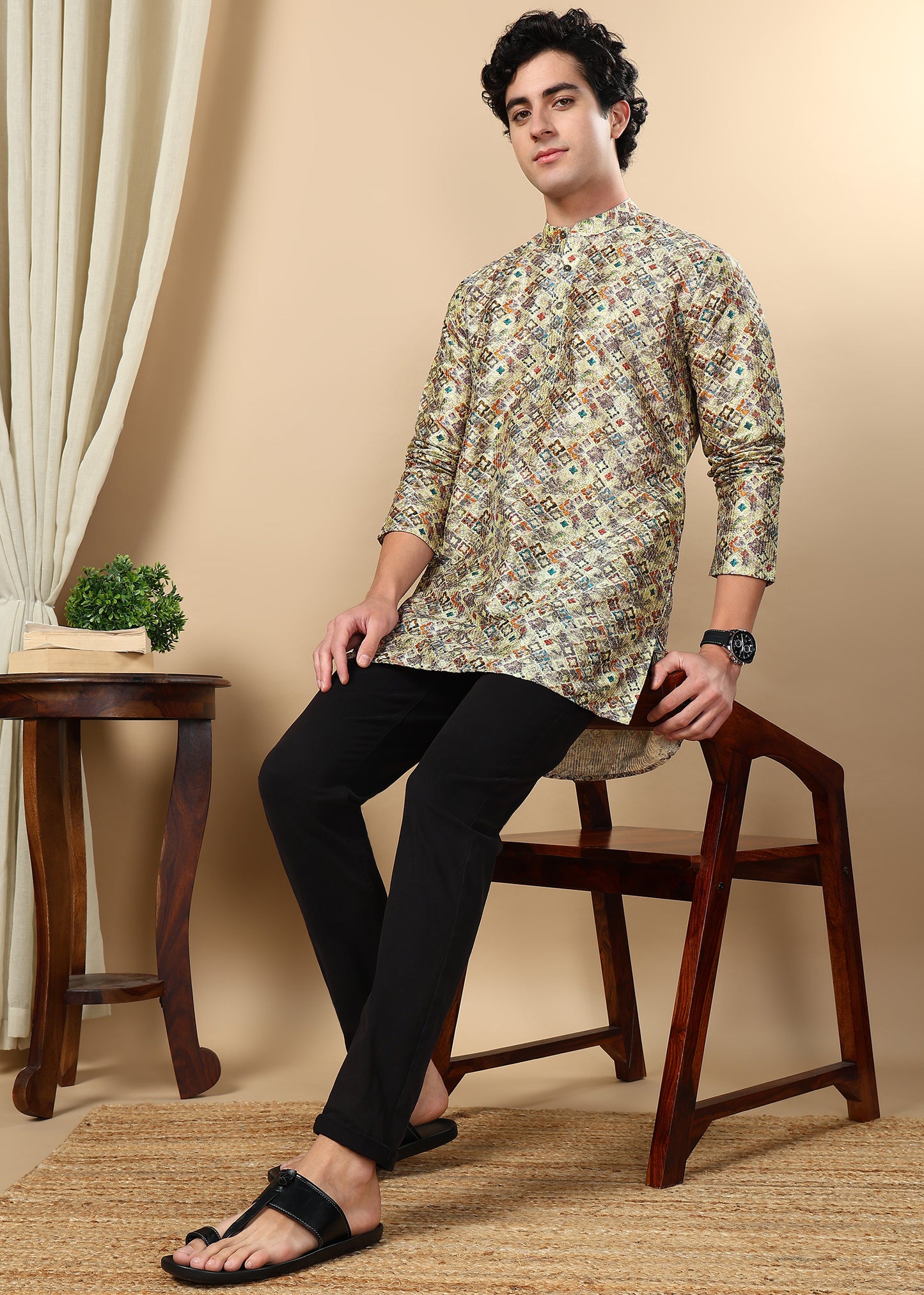 Tattva Beige Printed Short Kurta