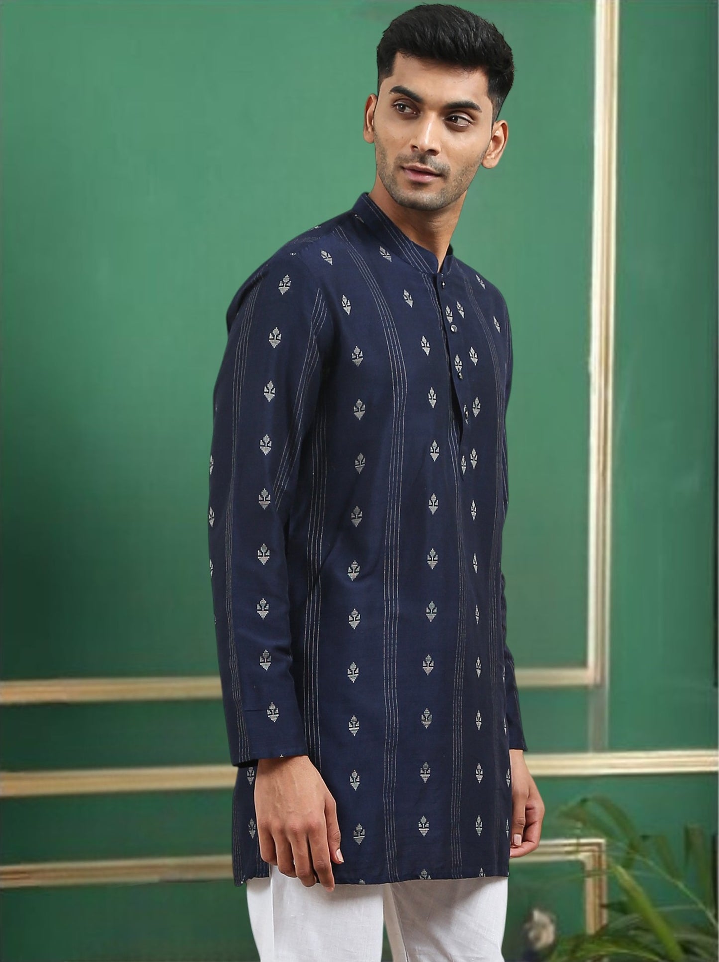 Tattva Navy Blue Toned Woven Design Cotton Short Kurta