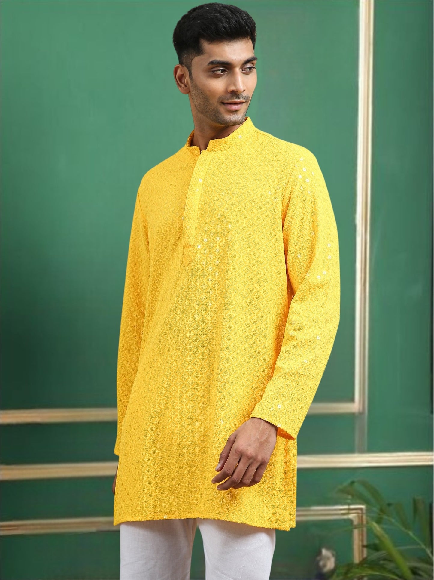 Tattva Yellow Toned chikankari Cotton Short Kurta