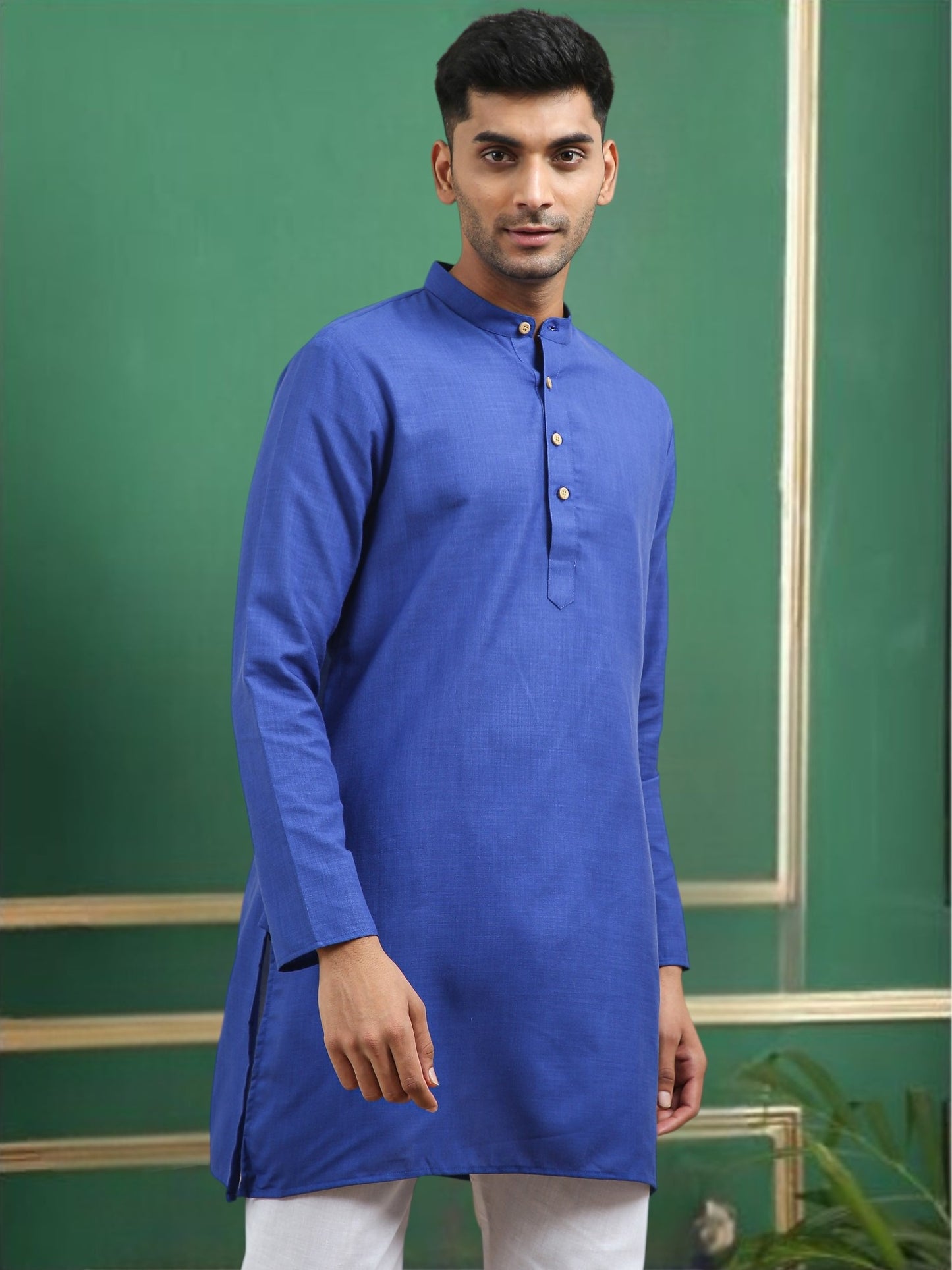 Tattva Navy Blue Toned Solid Cotton Short Kurta