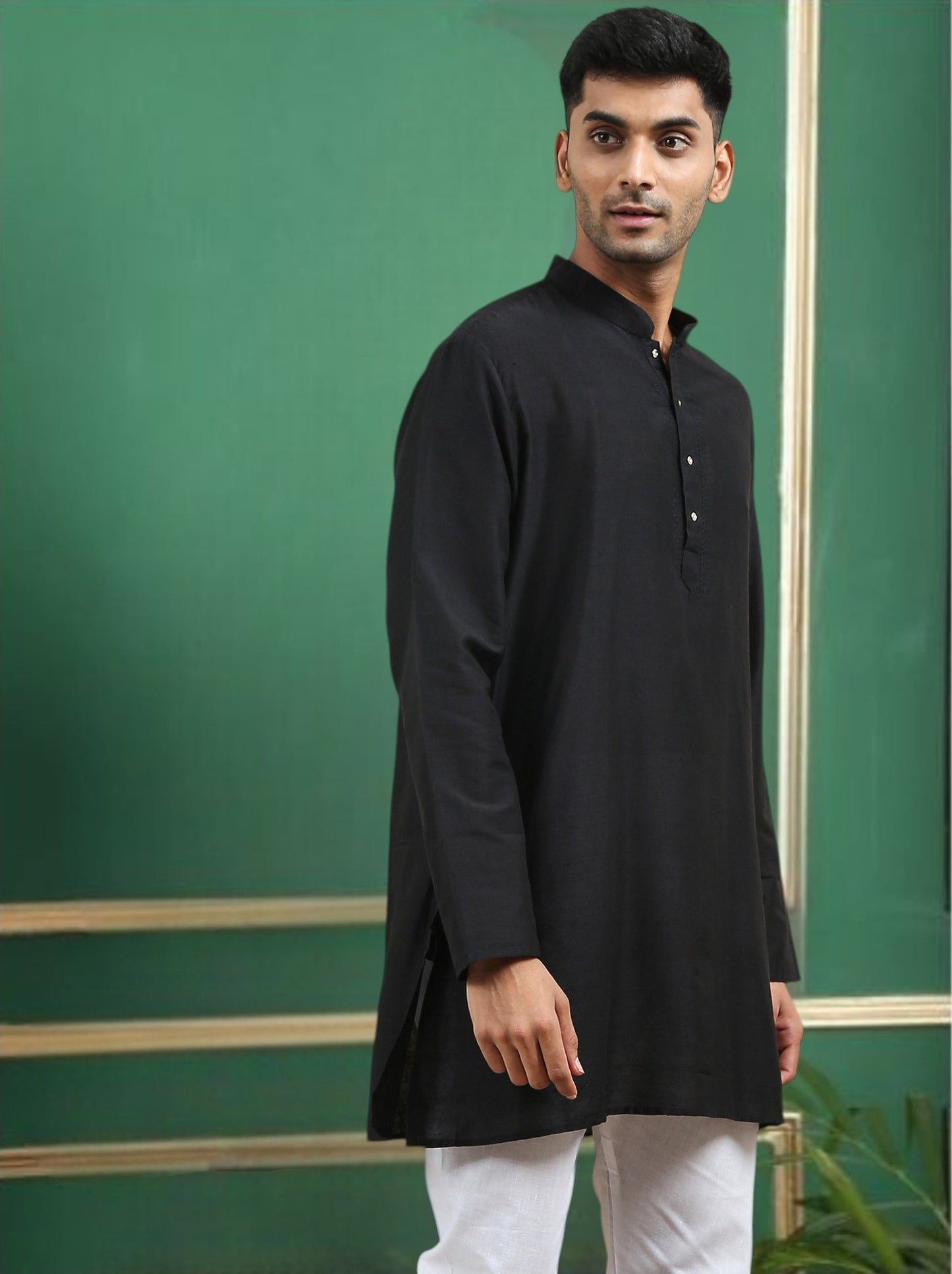 Tattva Black Toned Embroidered Cotton Short Kurta