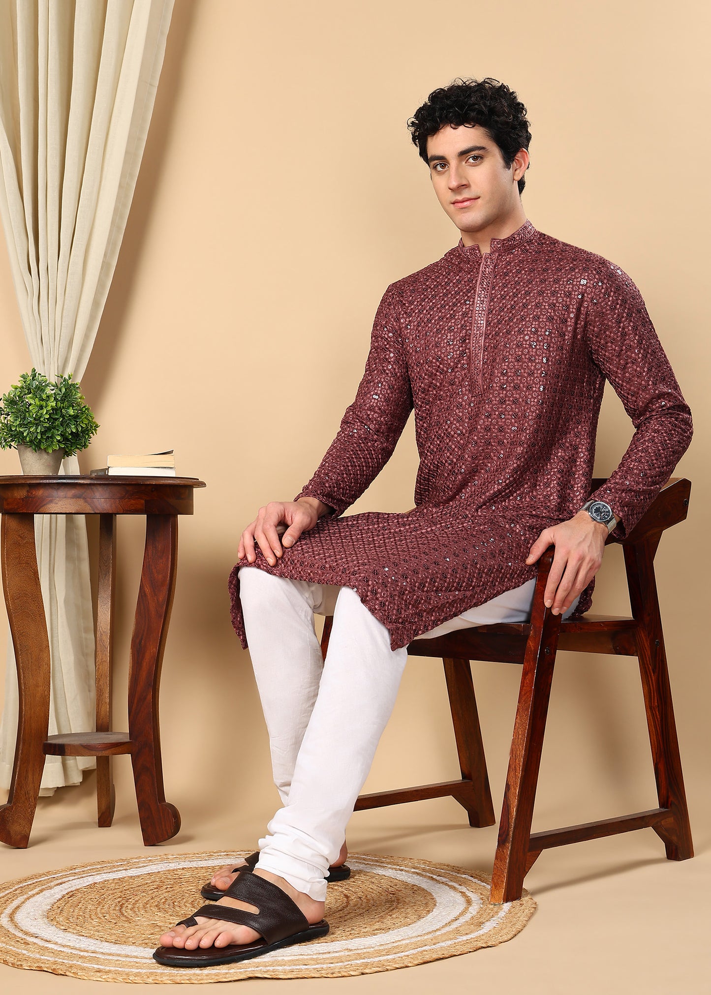 Tattva Floral Embroidered Sequined Mandarin Collar Straight Kurta