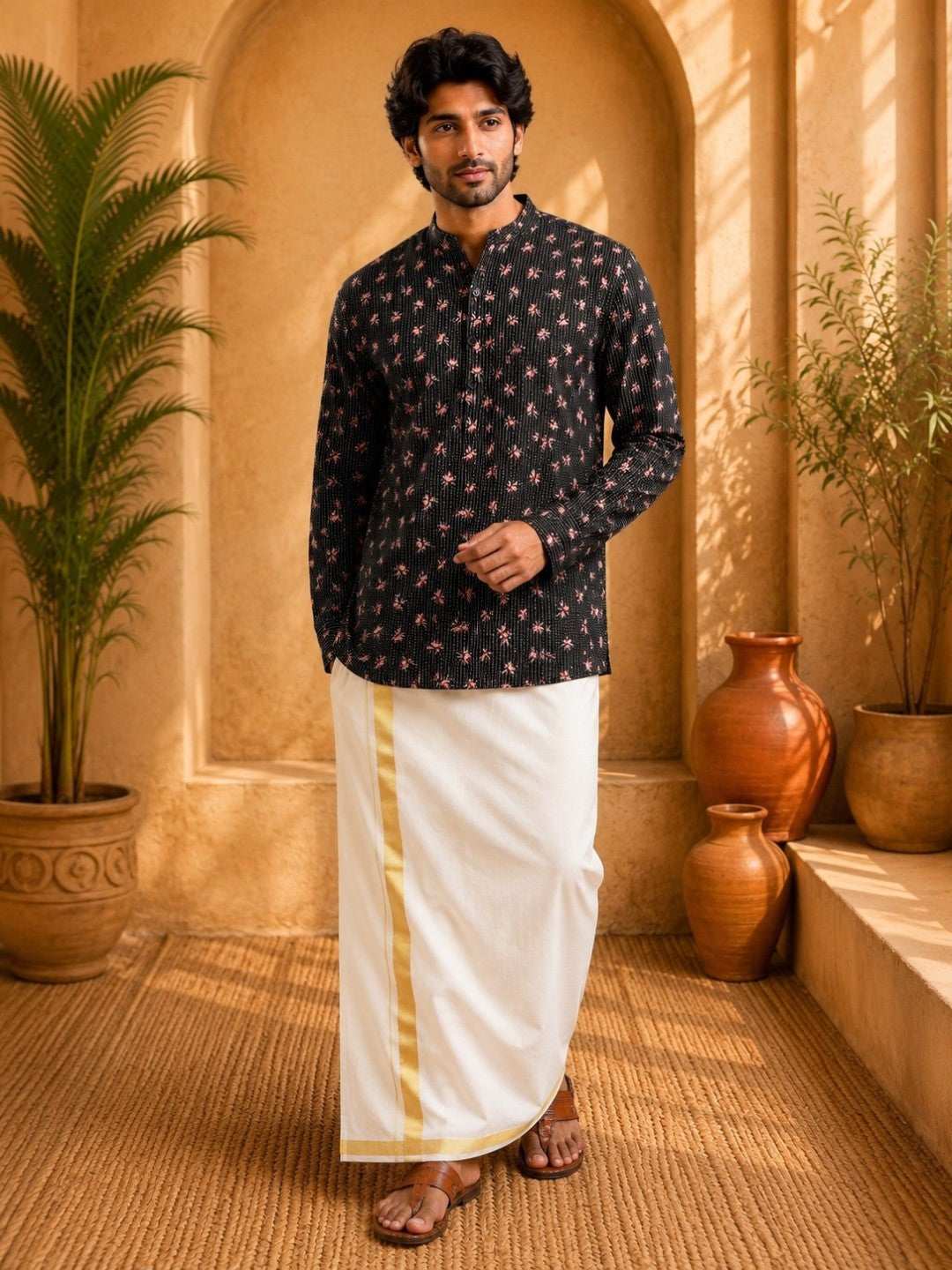 Tattva Men Floral Printed Woven Thread Super Short Kurta