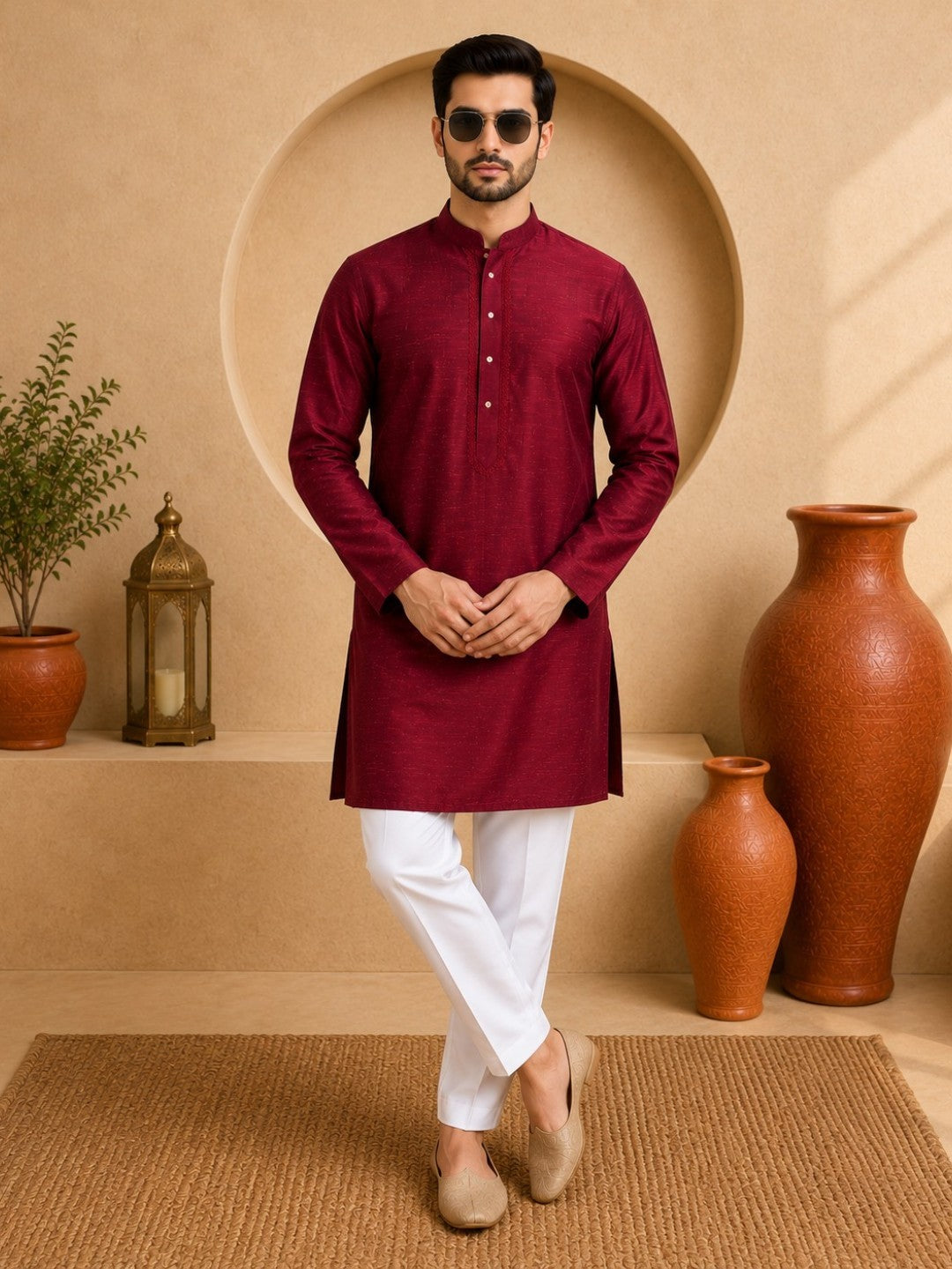Tattva Men Embroidered Solid Short Kurta