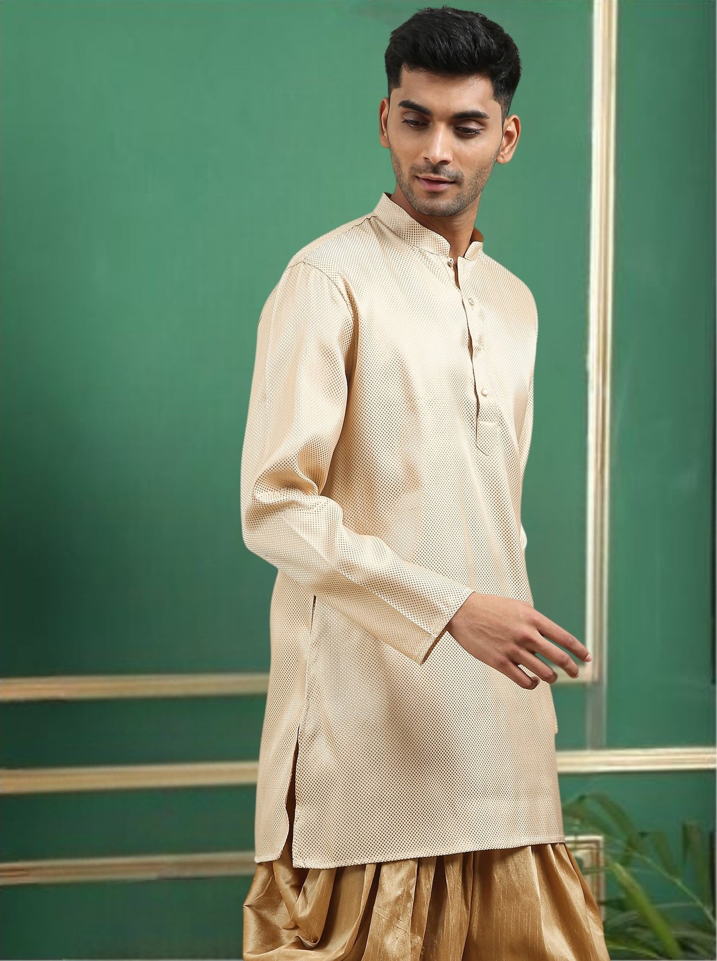 Tattva Beige Toned brocade Polyster Short Kurta