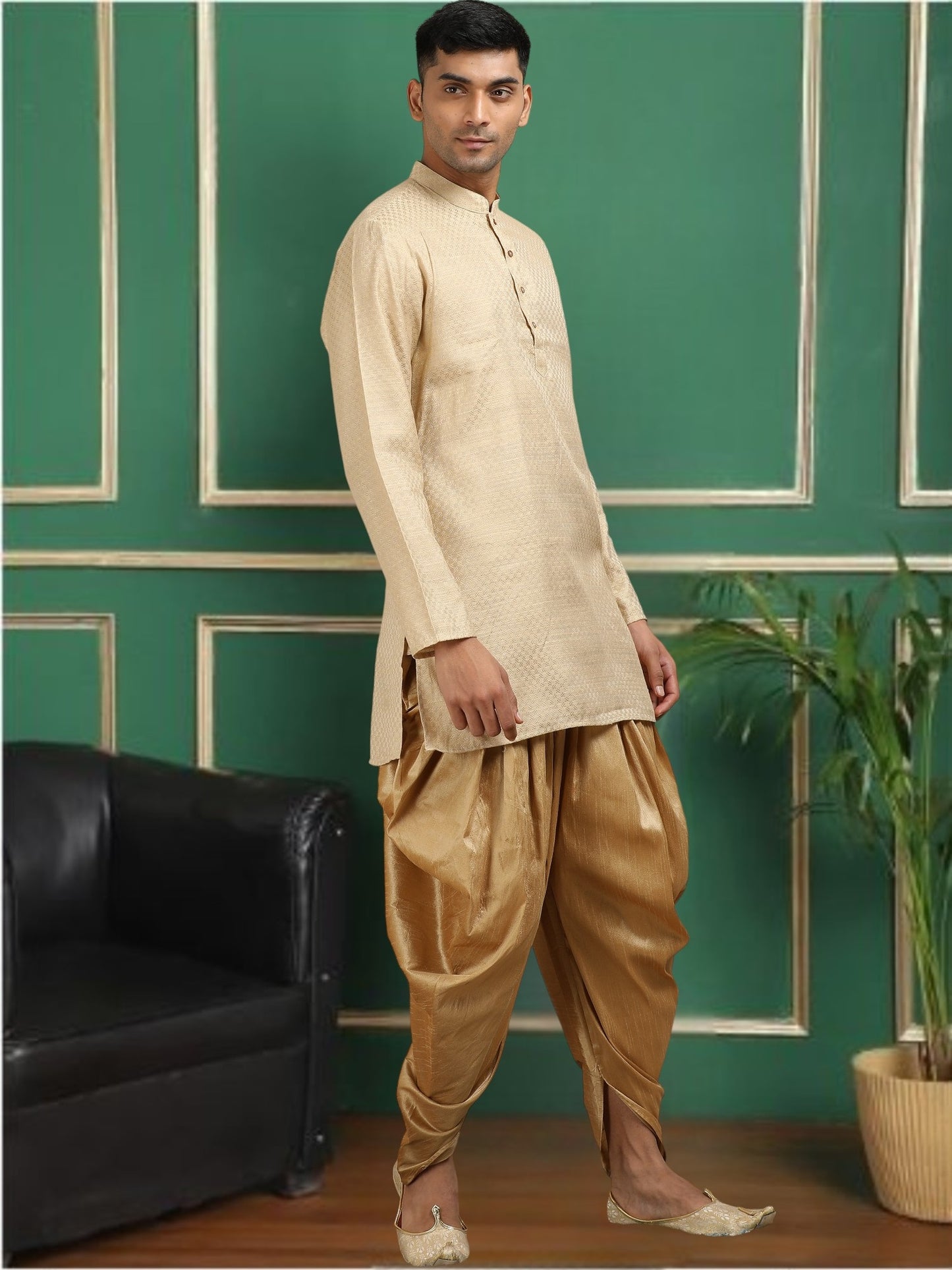 Tattva Beige Toned Jacquard Short Kurta