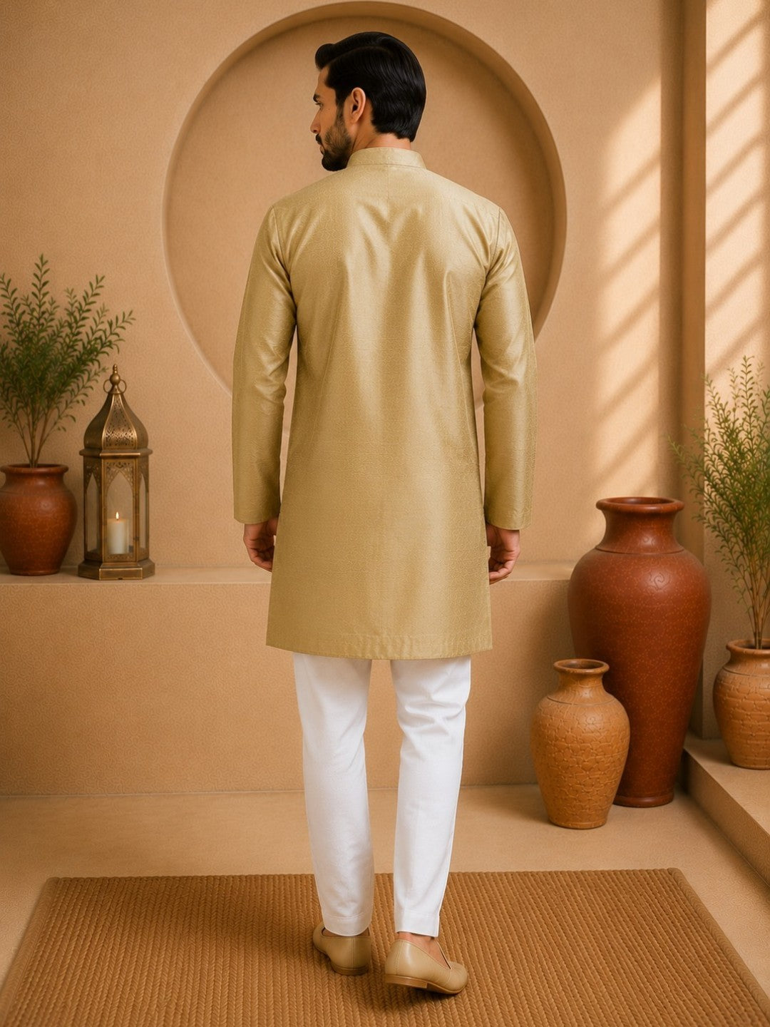 Tattva Men Khaki Colored Embroidered Short Kurta