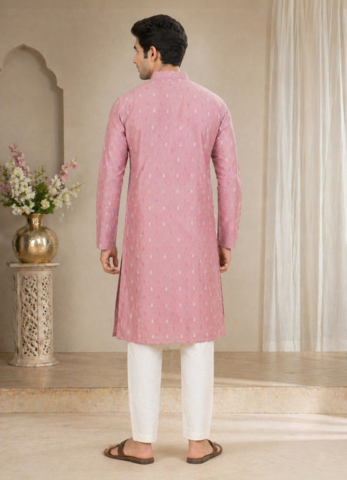 Tattva Men Dusty Pink Embroidered Cotton Silk Kurta with Pyjamas