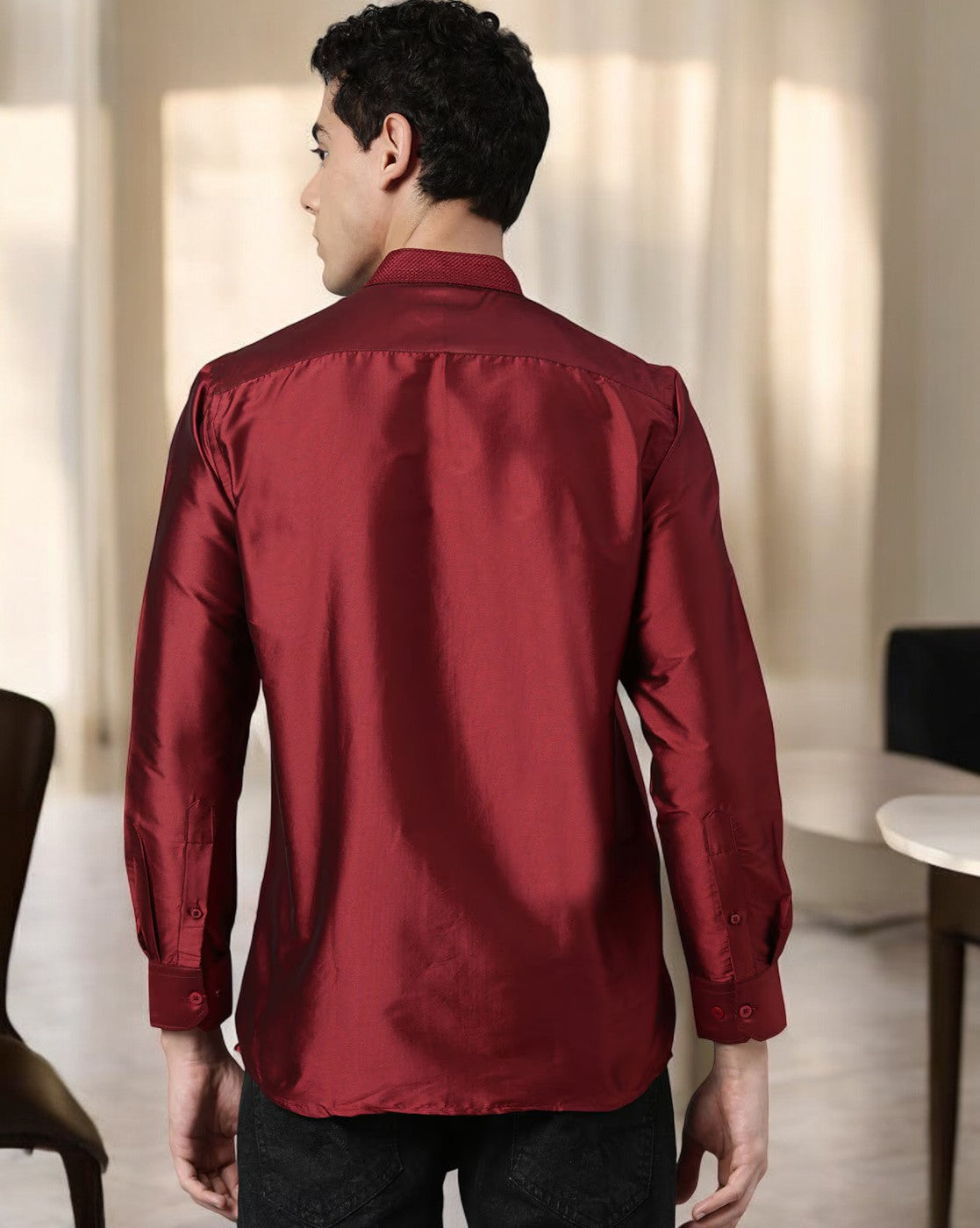 Maroon Color Art Silk Slim Fit Solid Party Shirt