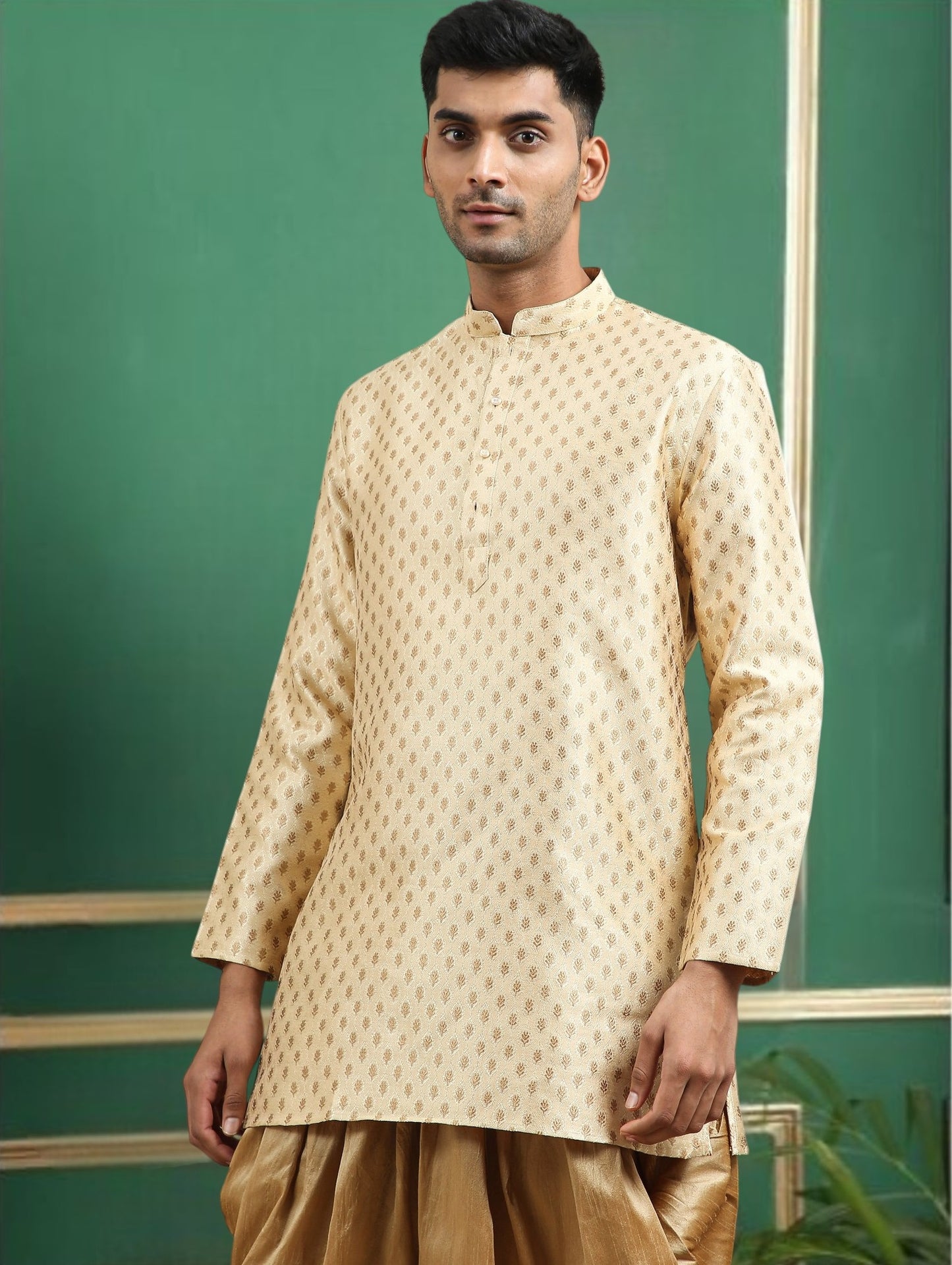 Tattva Gold Toned jaquard Polyster Short Kurta