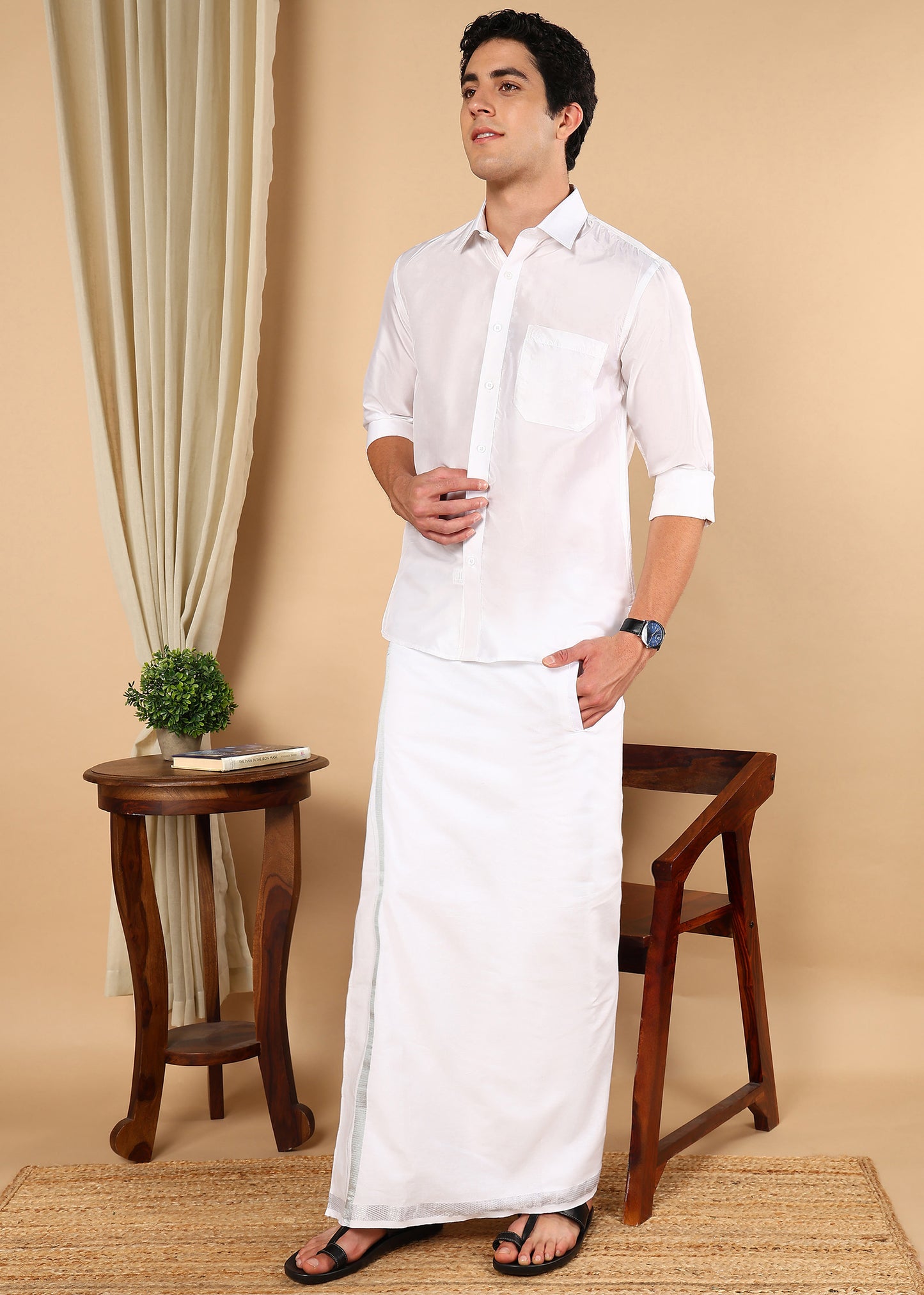 Tattva Men White Pure Silk Solid Opaque Shirt