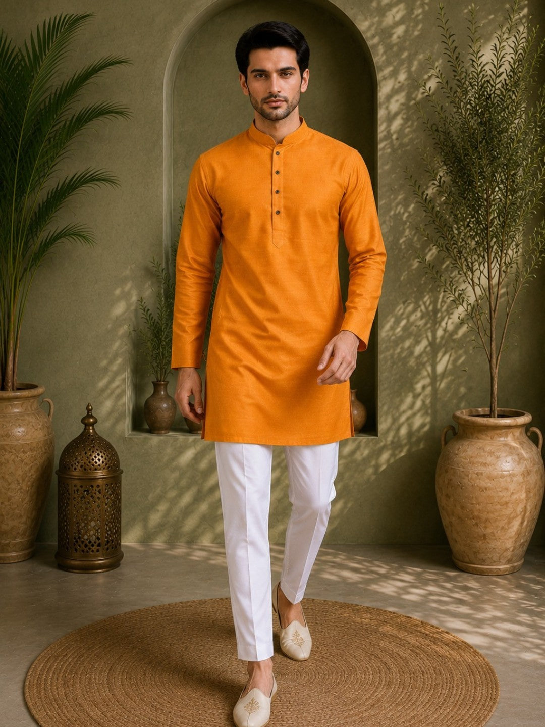 Tattva Men Saffron-Toned Applique Mandarin Collar Kurta