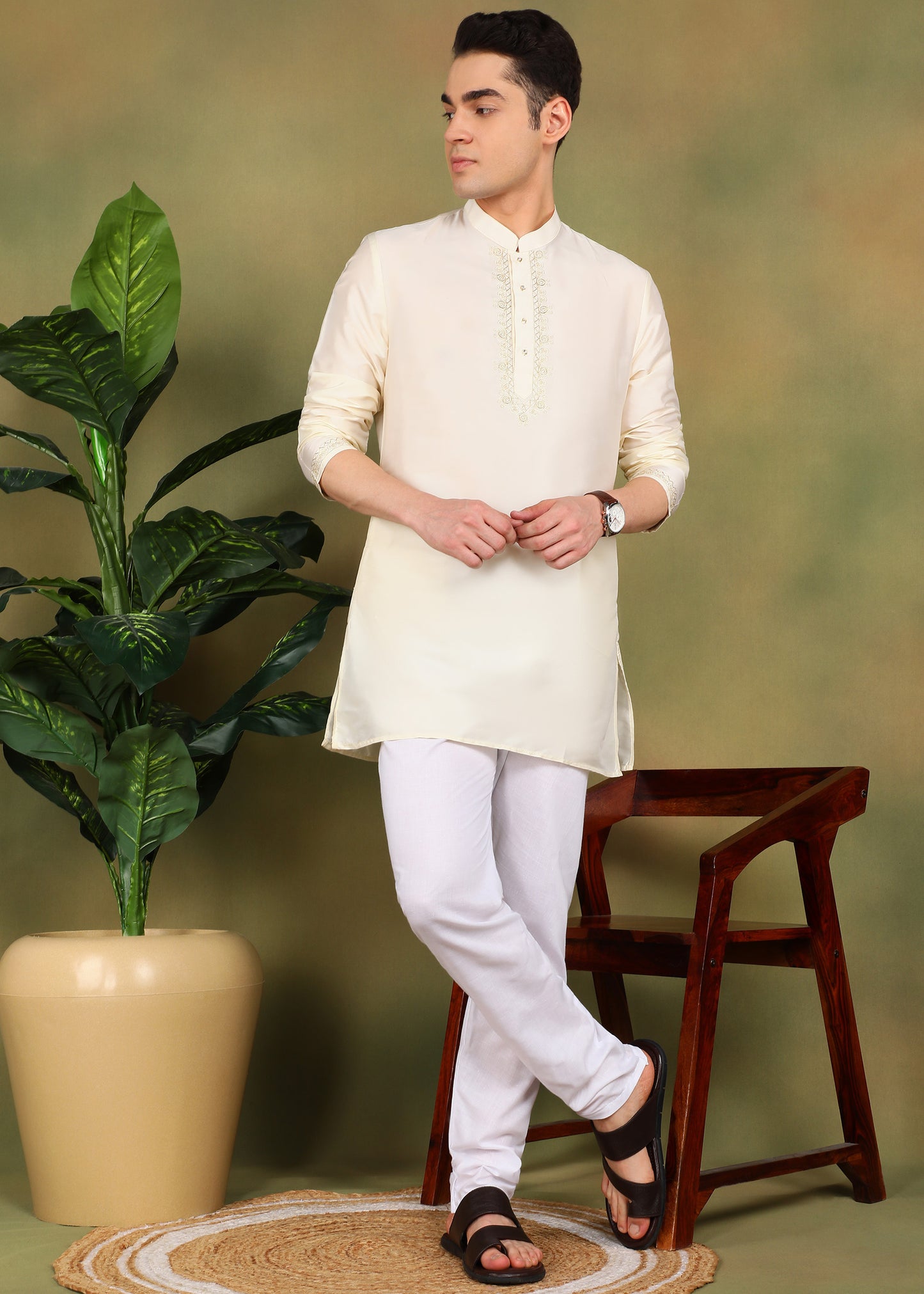 Tattva Men Cream Toned Short Kurta