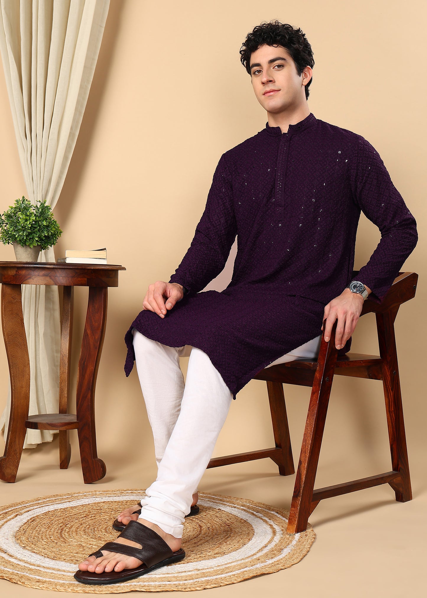 Tattva Floral Embroidered Sequined Mandarin Collar Straight Kurta