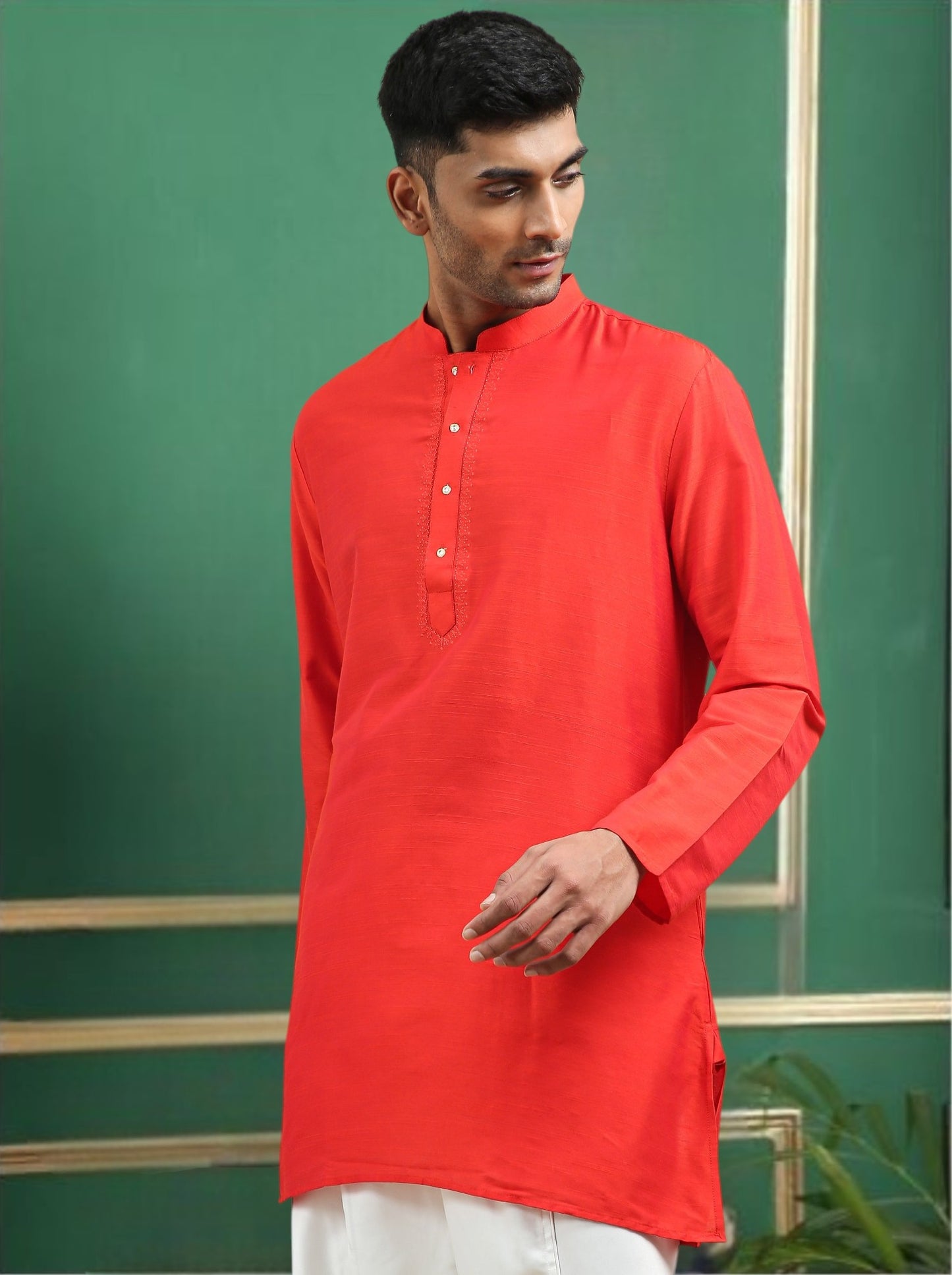 Tattva Red Toned Embroidered Cotton Short Kurta