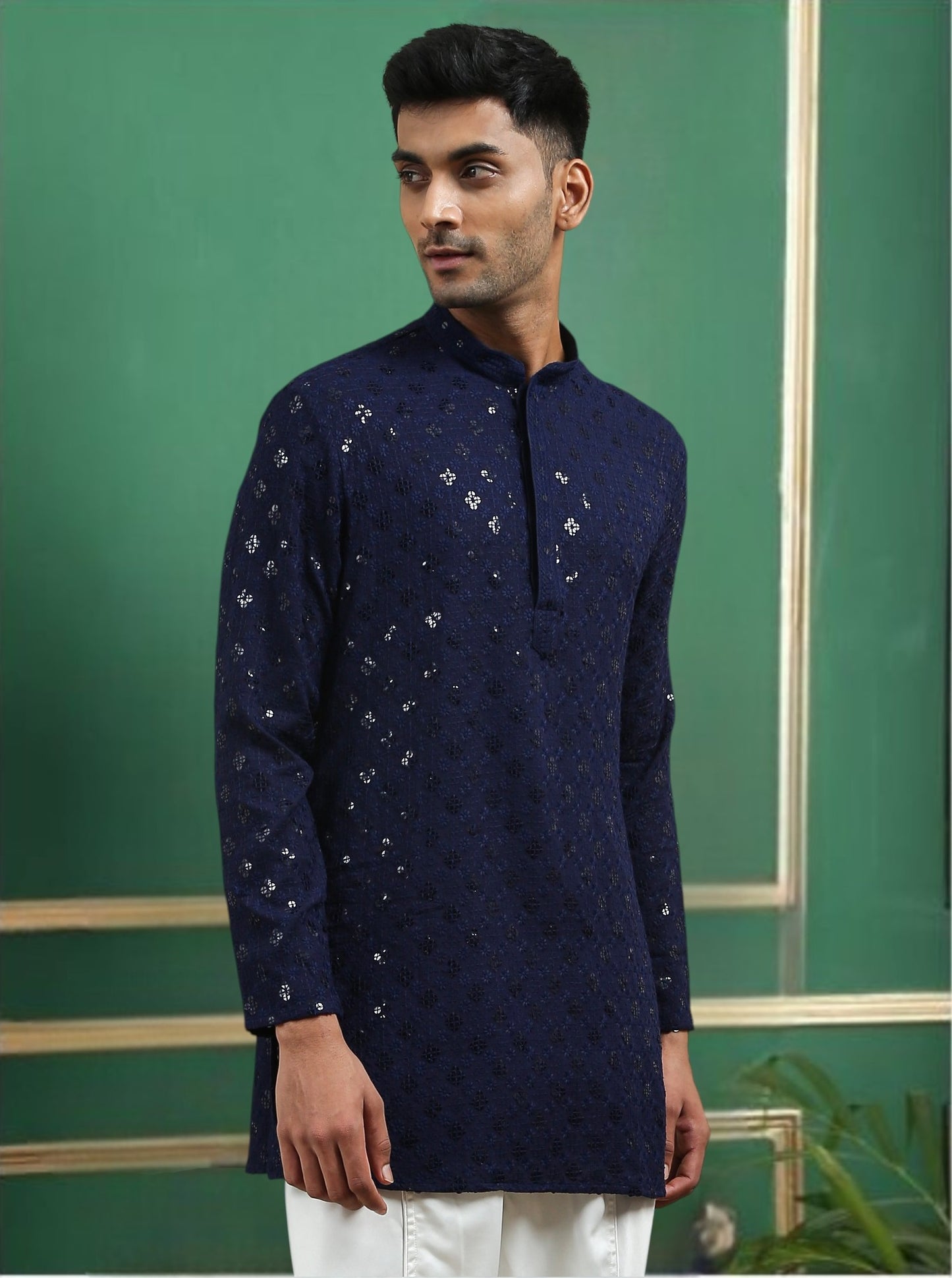 Tattva Navy Blue Toned chikankari Cotton Short Kurta