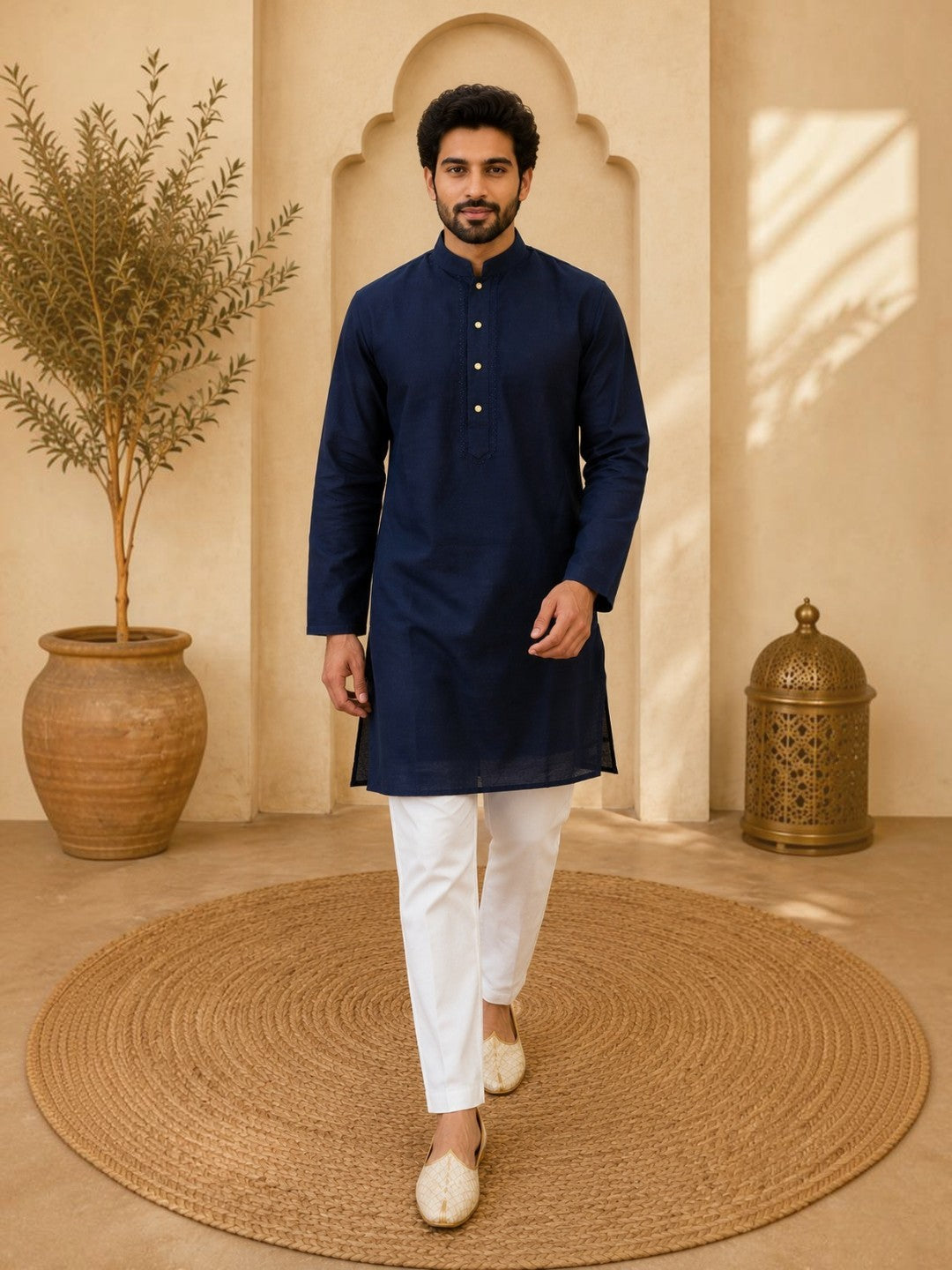 Tattva Navy Blue Toned Embroidered Cotton Short Kurta