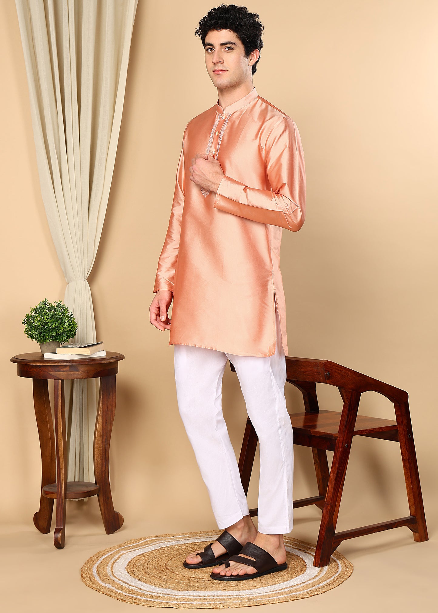 Tattva Men Copper Toned Solid Short Kurta