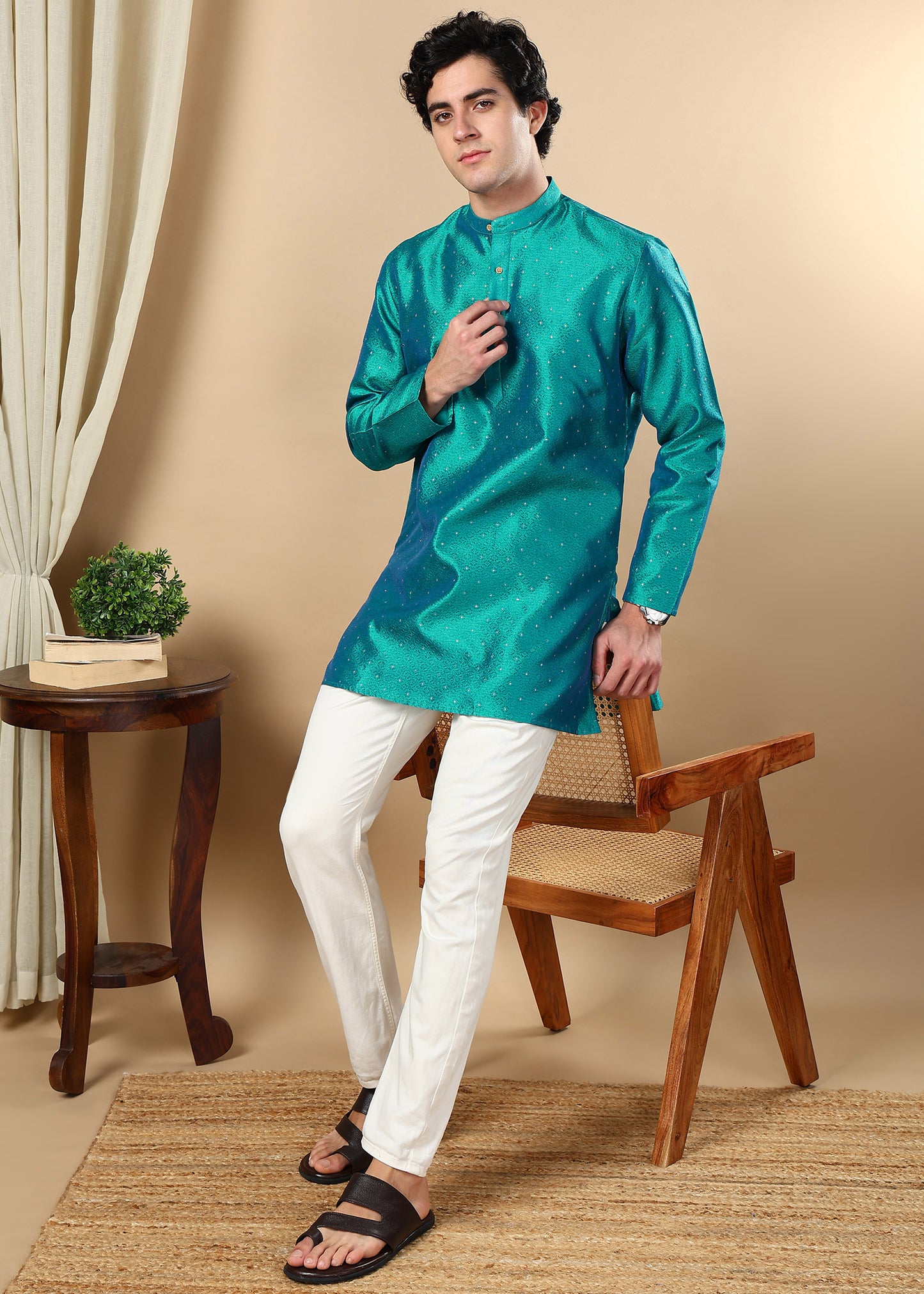 Tattva Peacock Blue Toned Embellished Short Kurta